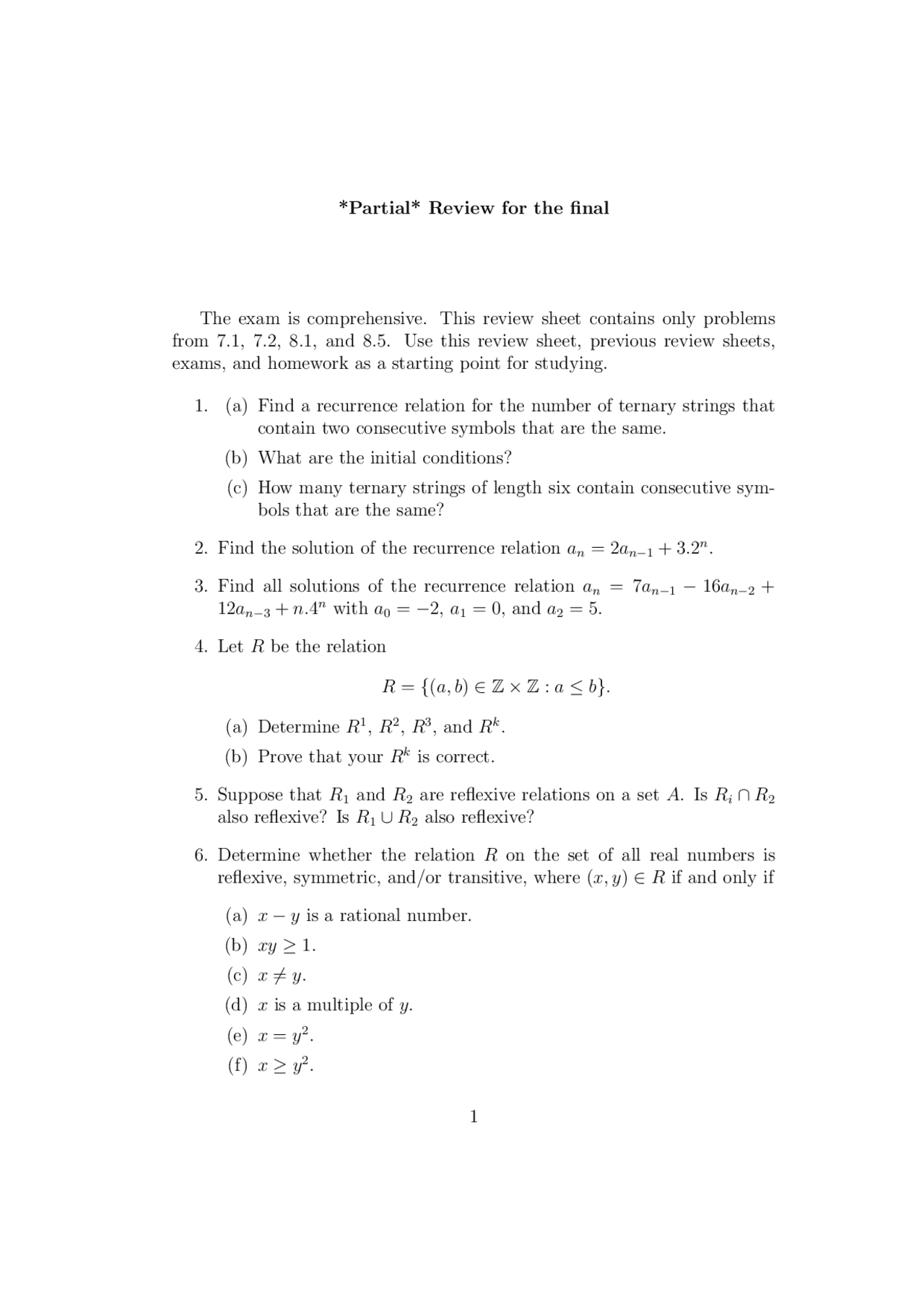Partial Review for The Final Exam - Discrete Mathematics Structures ...