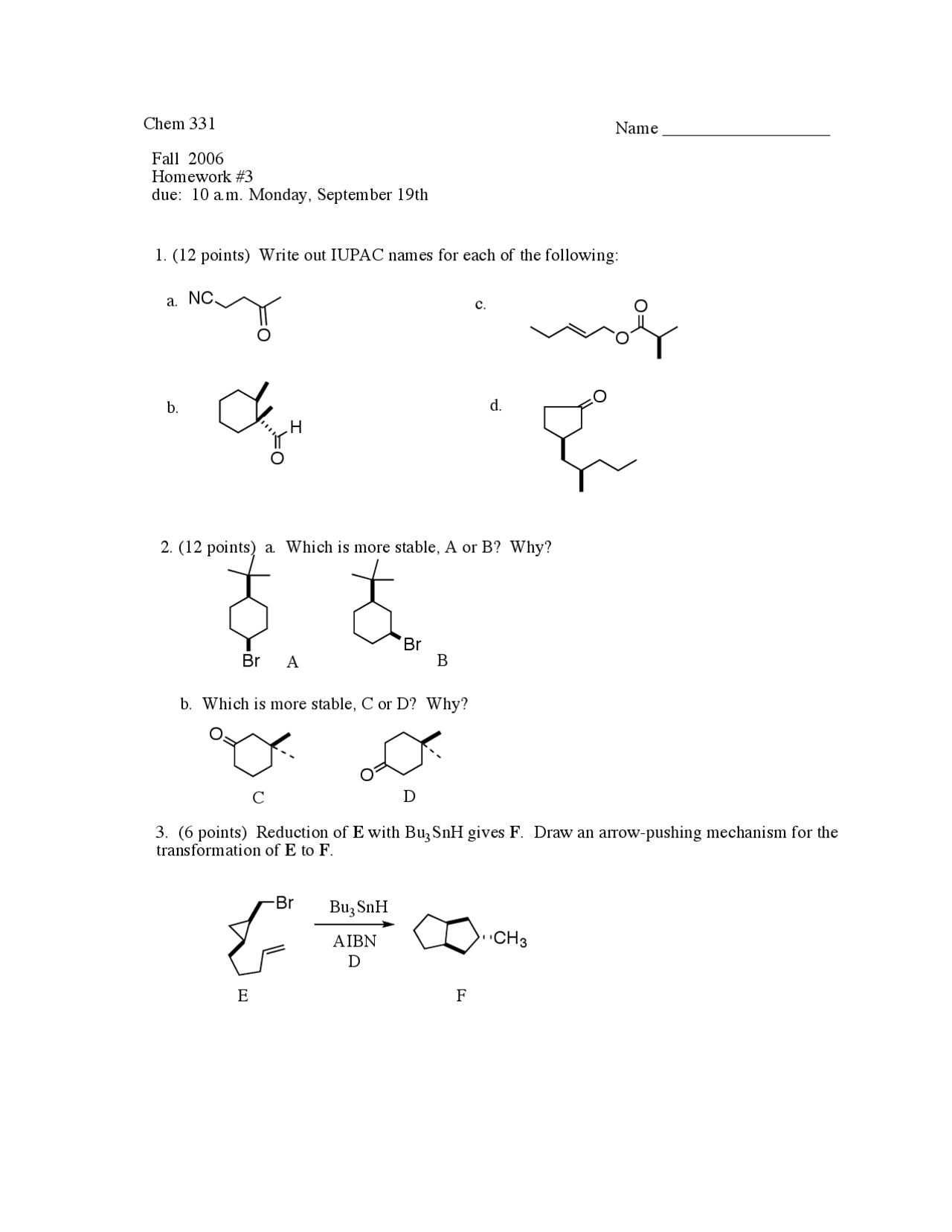 Homework 3 for Organic Chemistry | CHEM 331 - Docsity