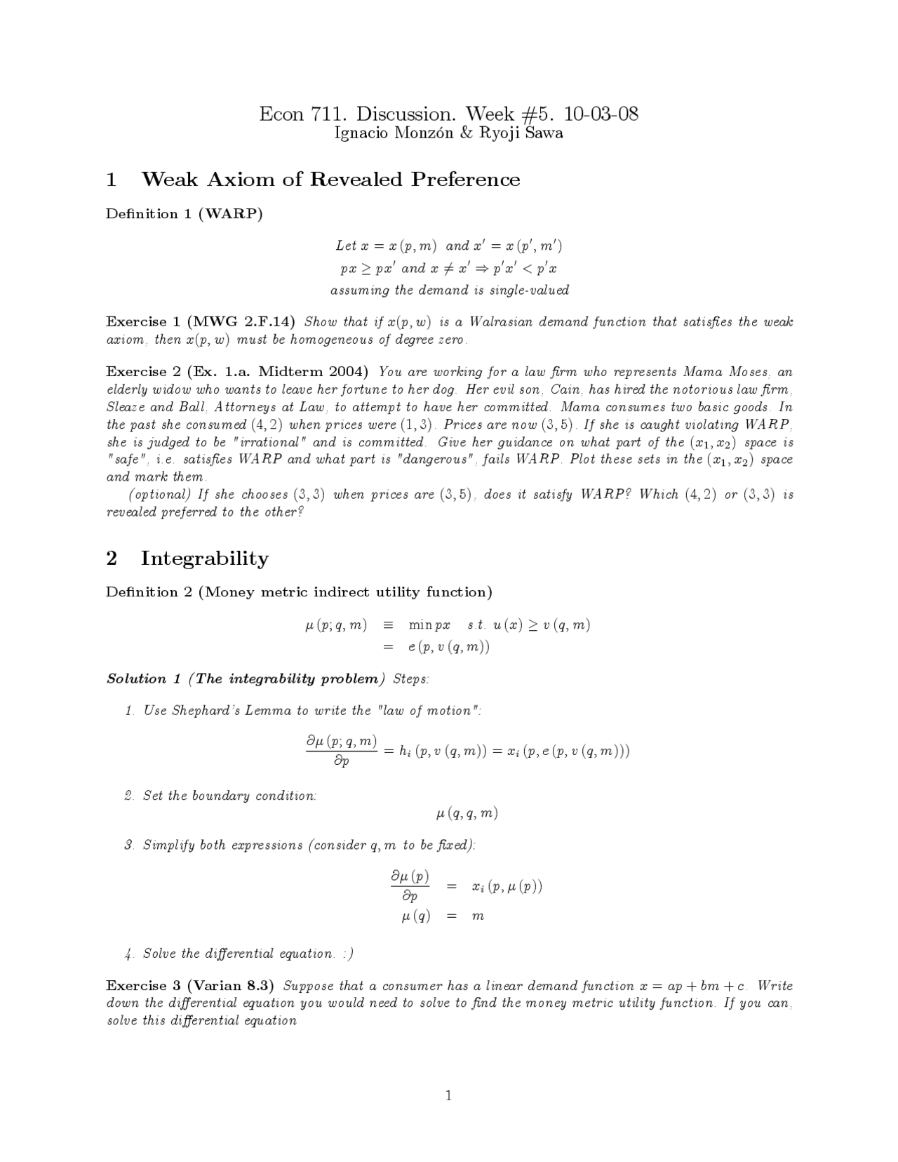 Weak Axiom Of Revealed Preference Integrability Midterm Notes Econ 711 Docsity