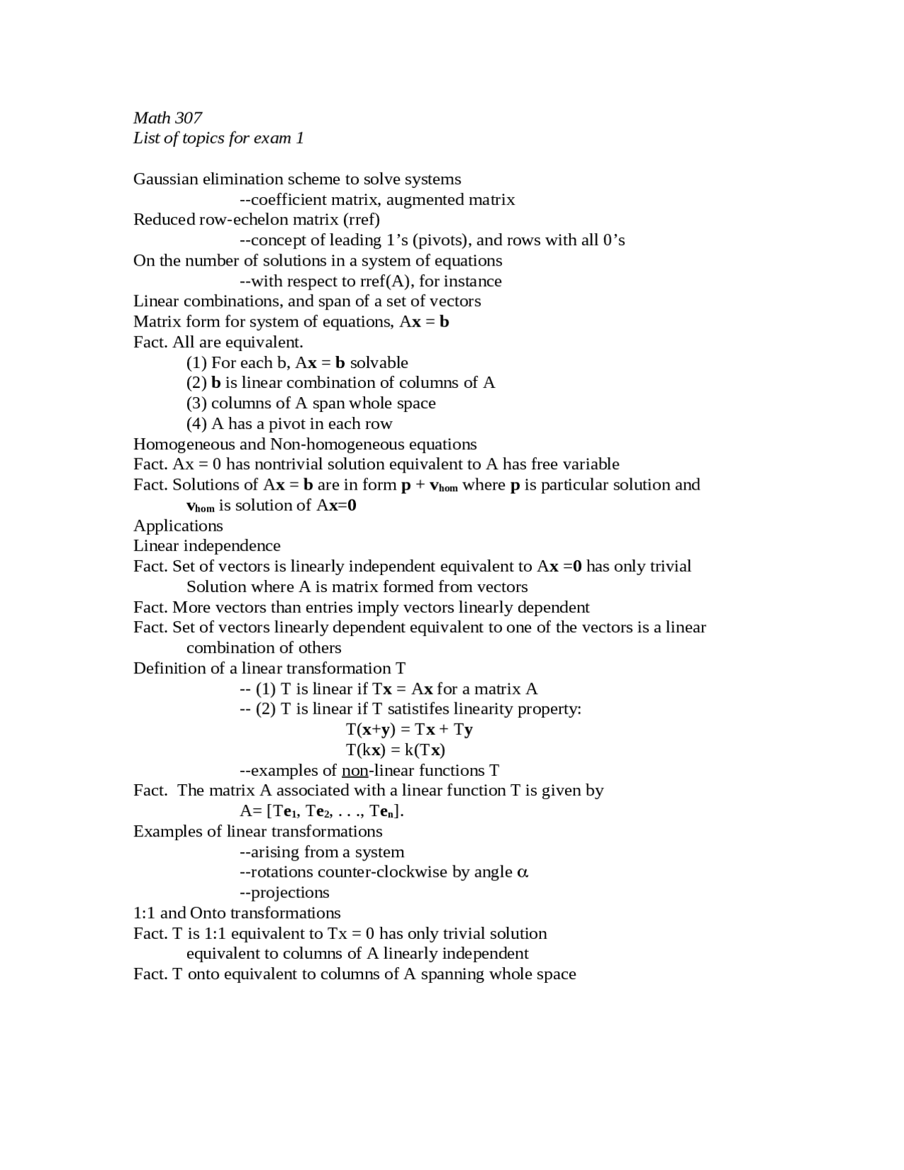 Study Guide for Exam 1 - Matrices and Linear Algebra | MATH 307 | Exams ...