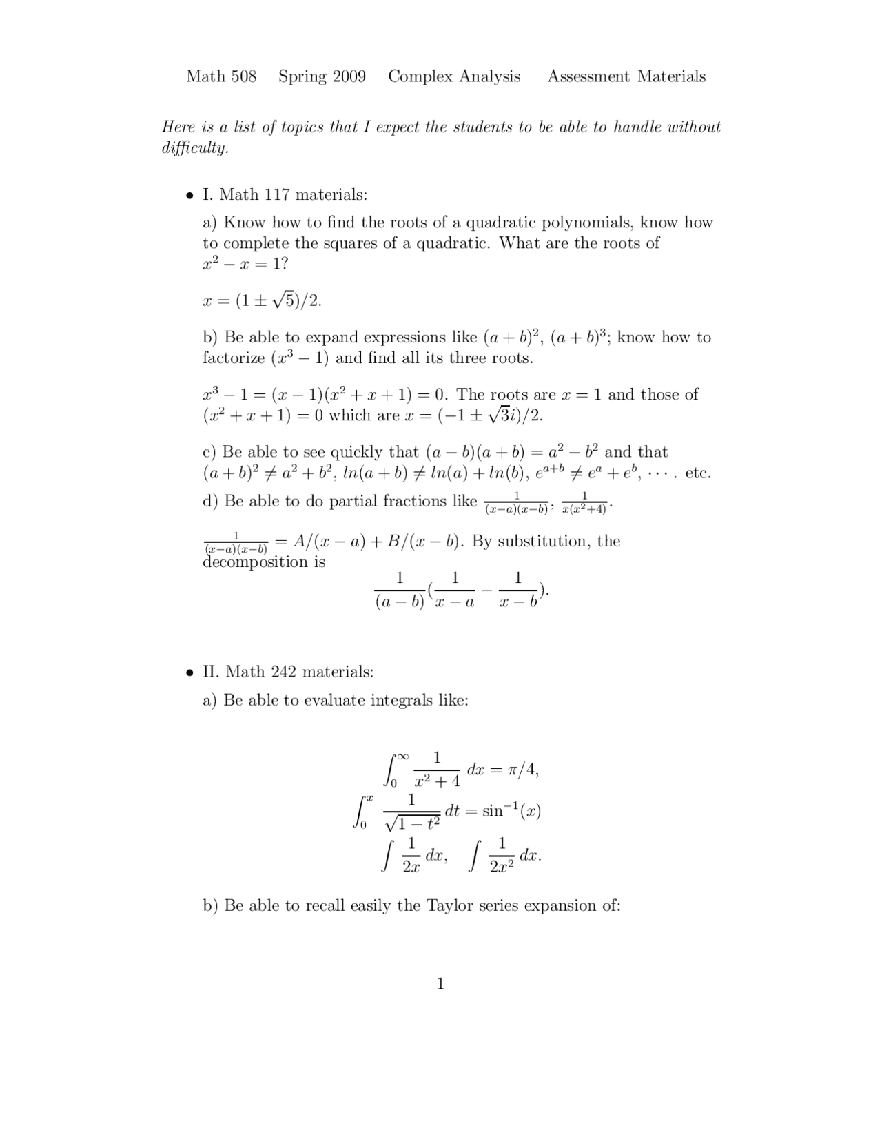 Questions with Solutions for Complex Analysis | MATH 117 - Docsity