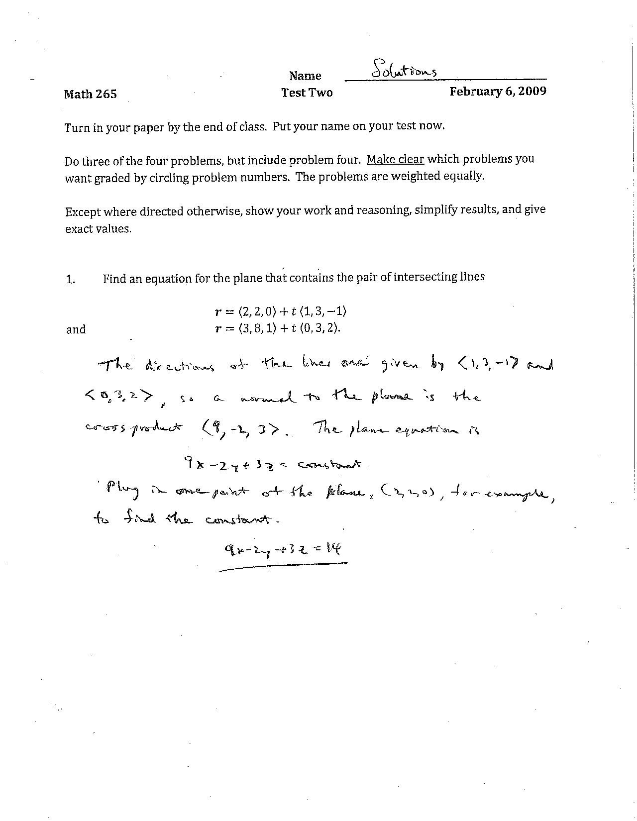 Math 265 Solutions to Exam 2 - Calculus III | MATH 265 - Docsity