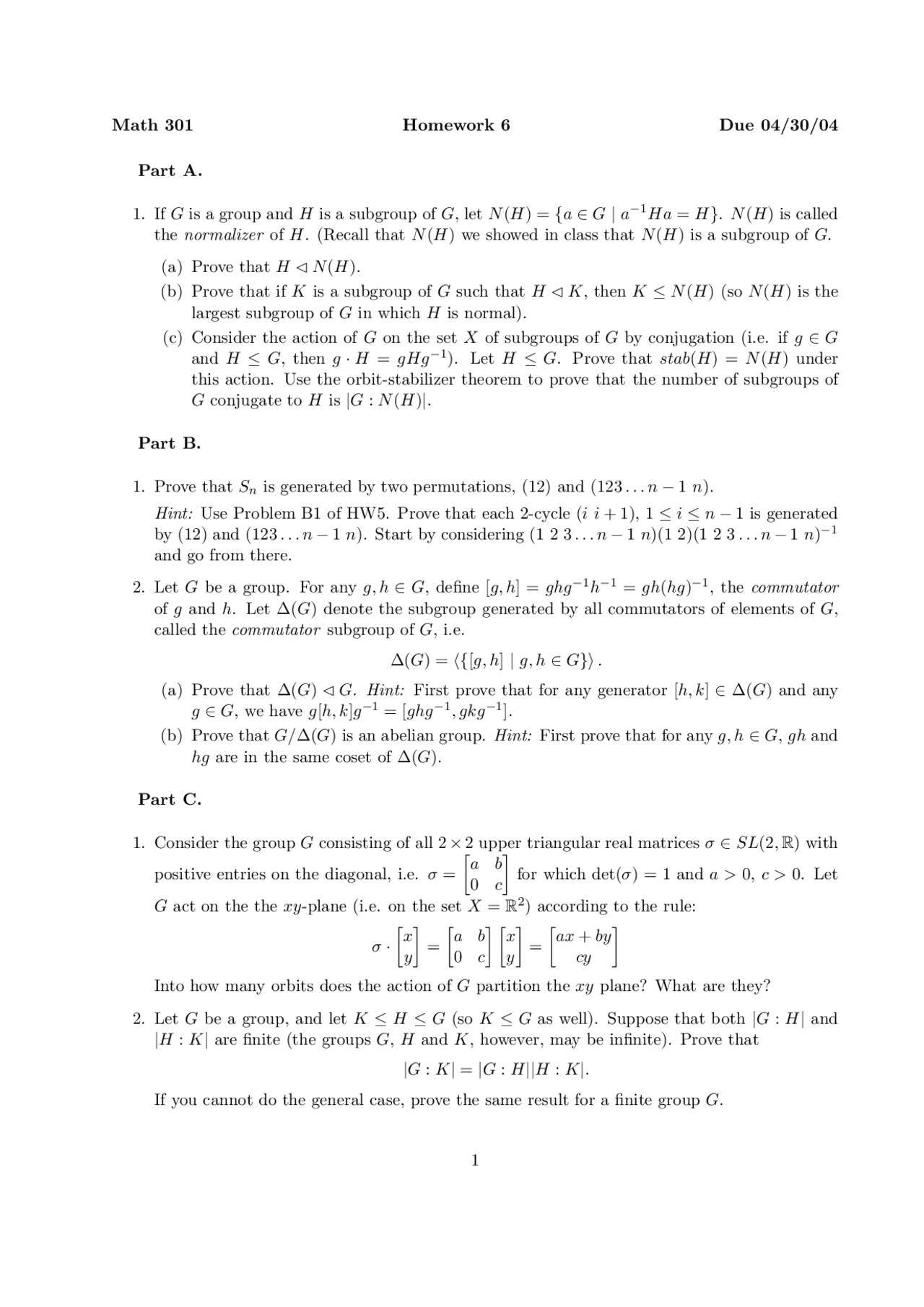 Homework Six Questions Abstract Algebra I Math 301 Docsity