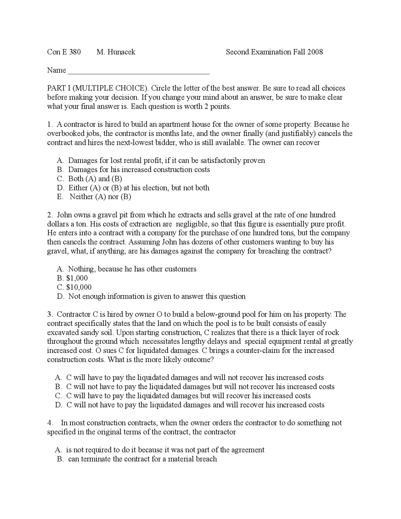 Exam 2 Questions for Engineering Law | CON E 380 - Docsity