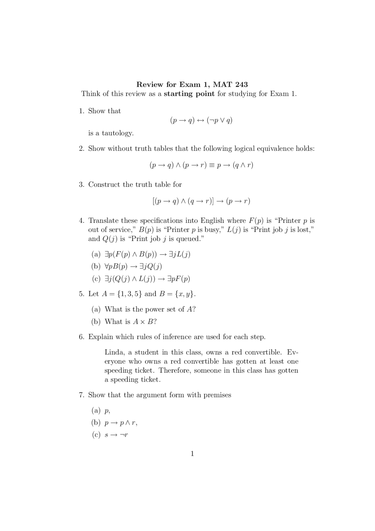 Review For Exam 1 Discrete Mathematics Structures Mat 243 Docsity