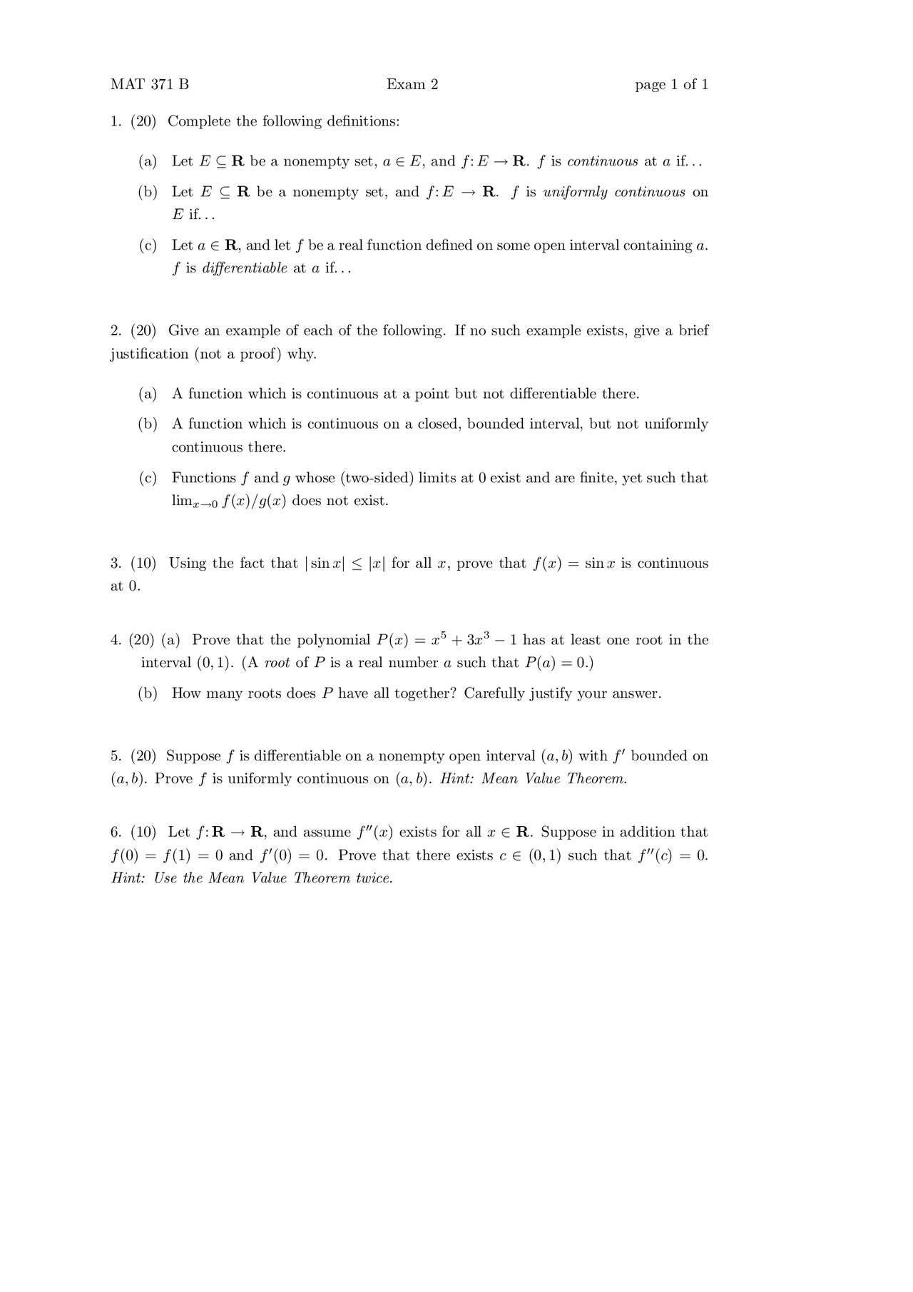 6 Problems Exam 2 Advanced Calculus I Mat 371 Docsity