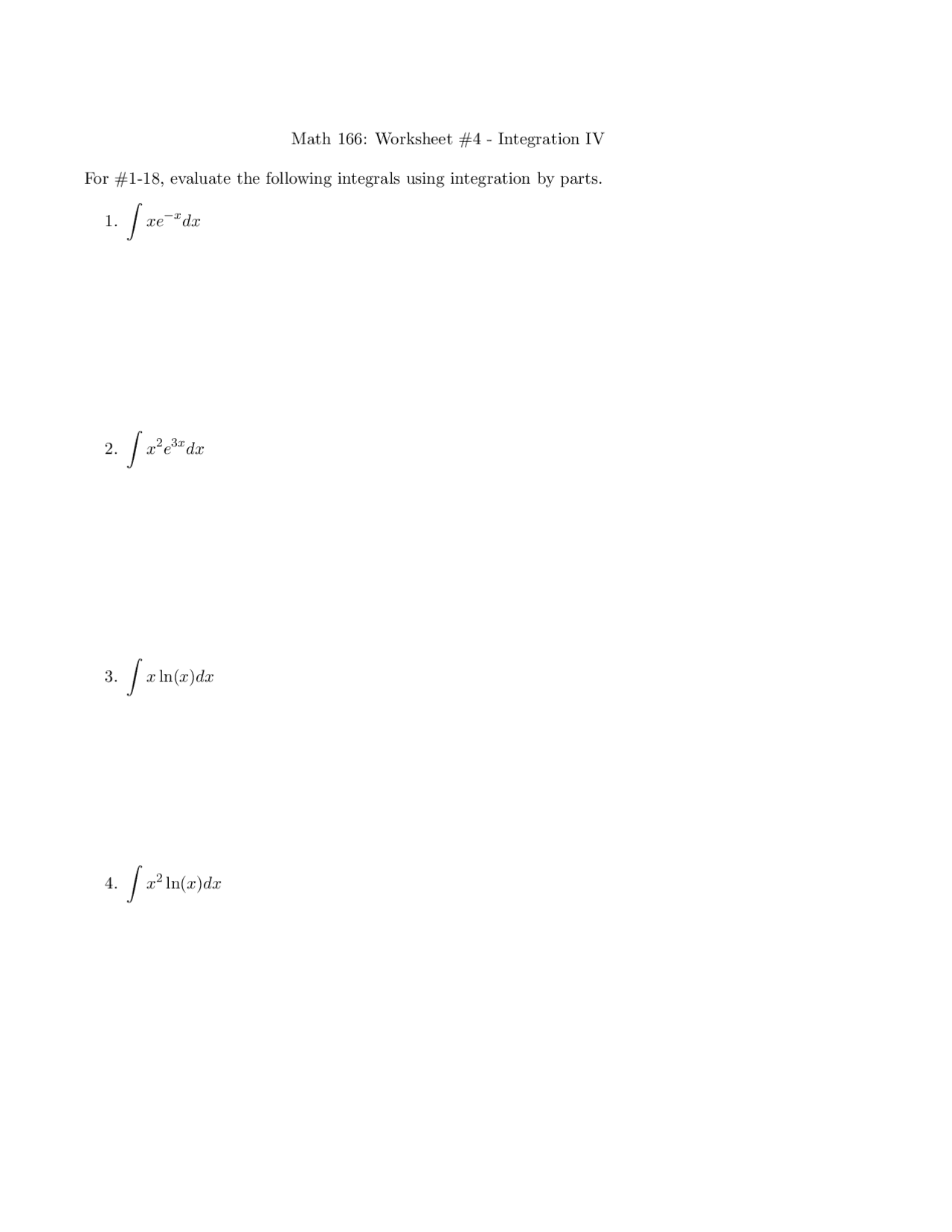 Integrated Math 4 Worksheet Integration IV - Worksheet 4 | Calculus II | MATH 166 | Assignments ...