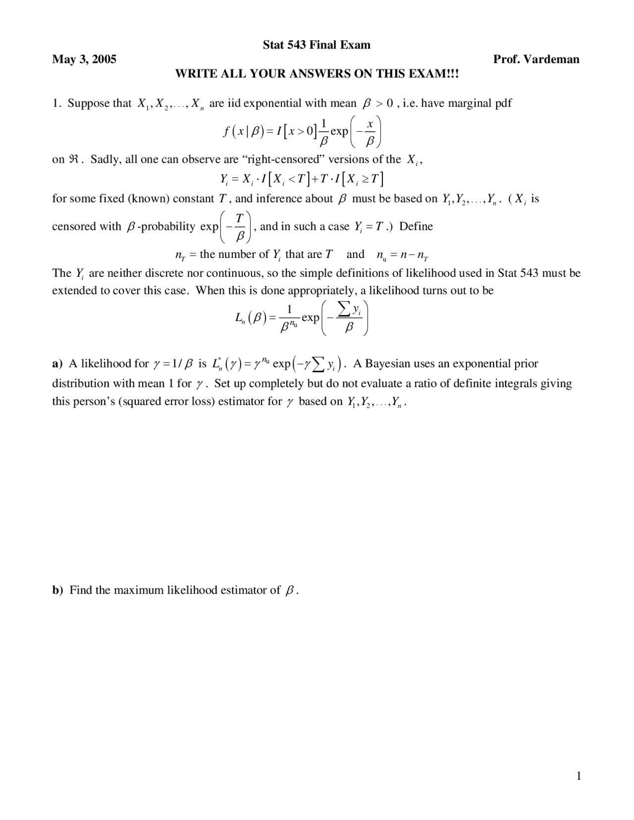 Take Home Final Exam - Probability and Statistics I | STAT 542 - Docsity
