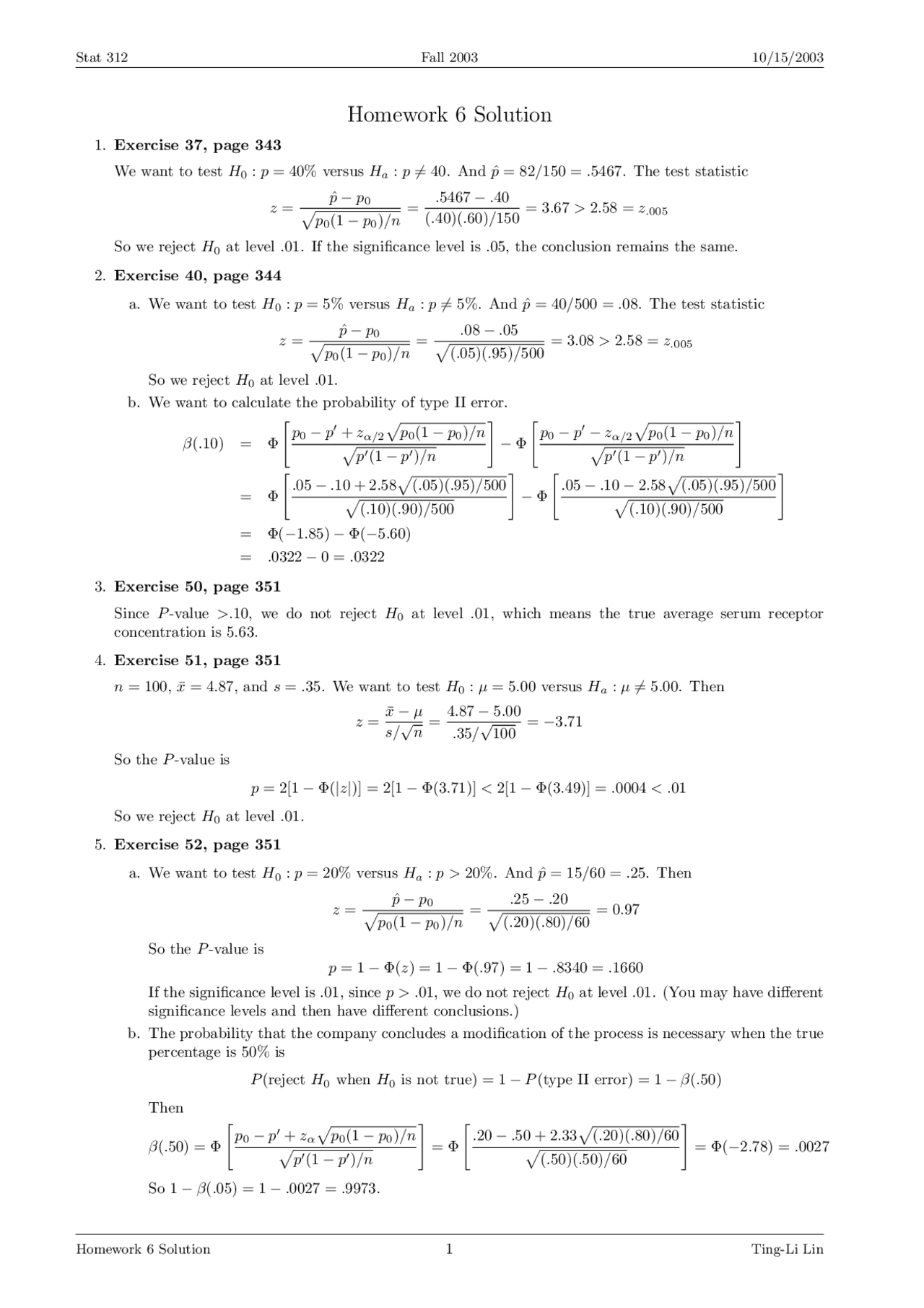 Homework 6 Solutions - Introduction to Mathematical Statistics | STAT ...