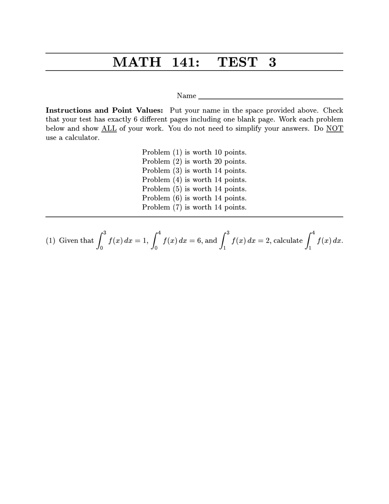 Practice Exam with 7 Questions - Calculus I | MATH 141 - Docsity