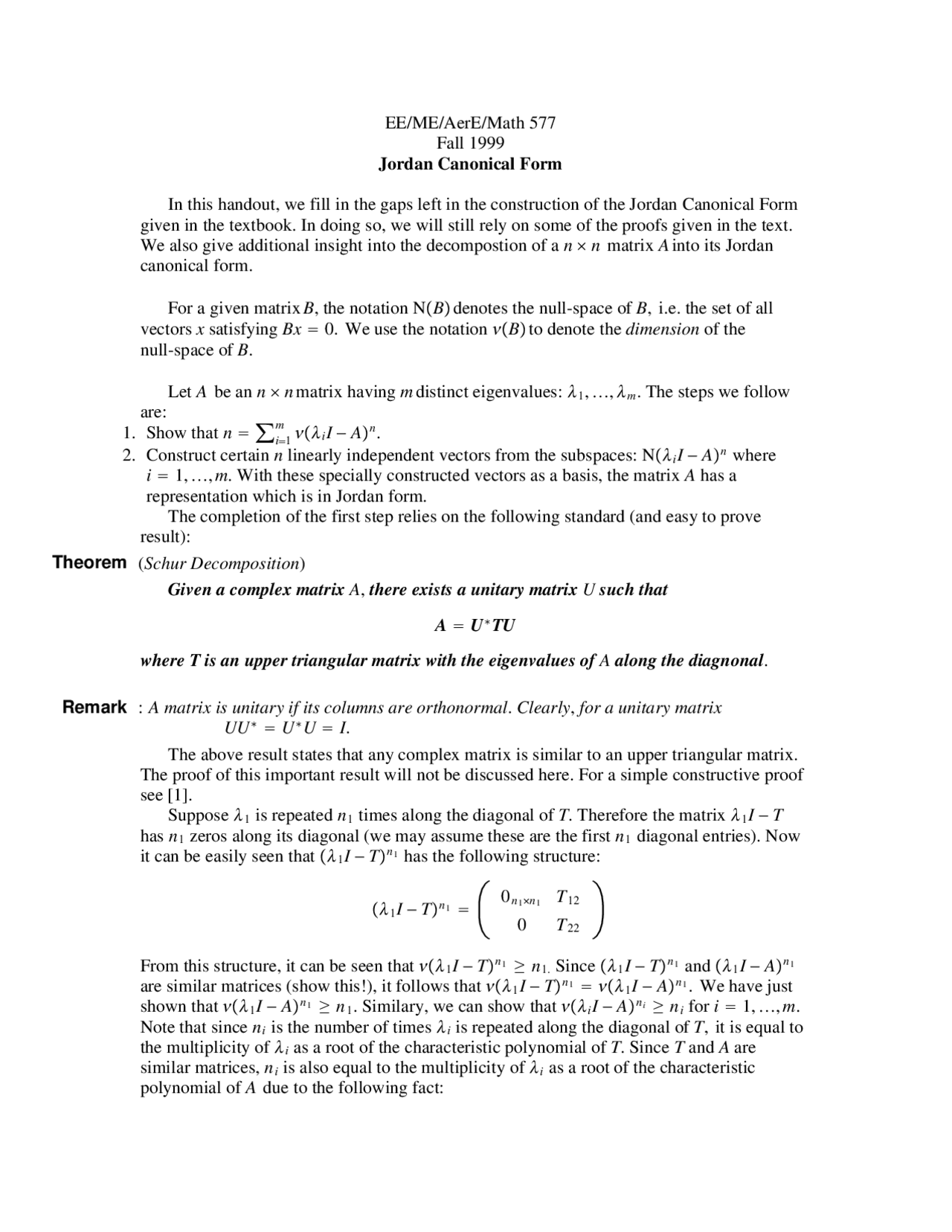 Canonical Math Jordan Canonical Form - Linear Systems | MATH 577 - Docsity