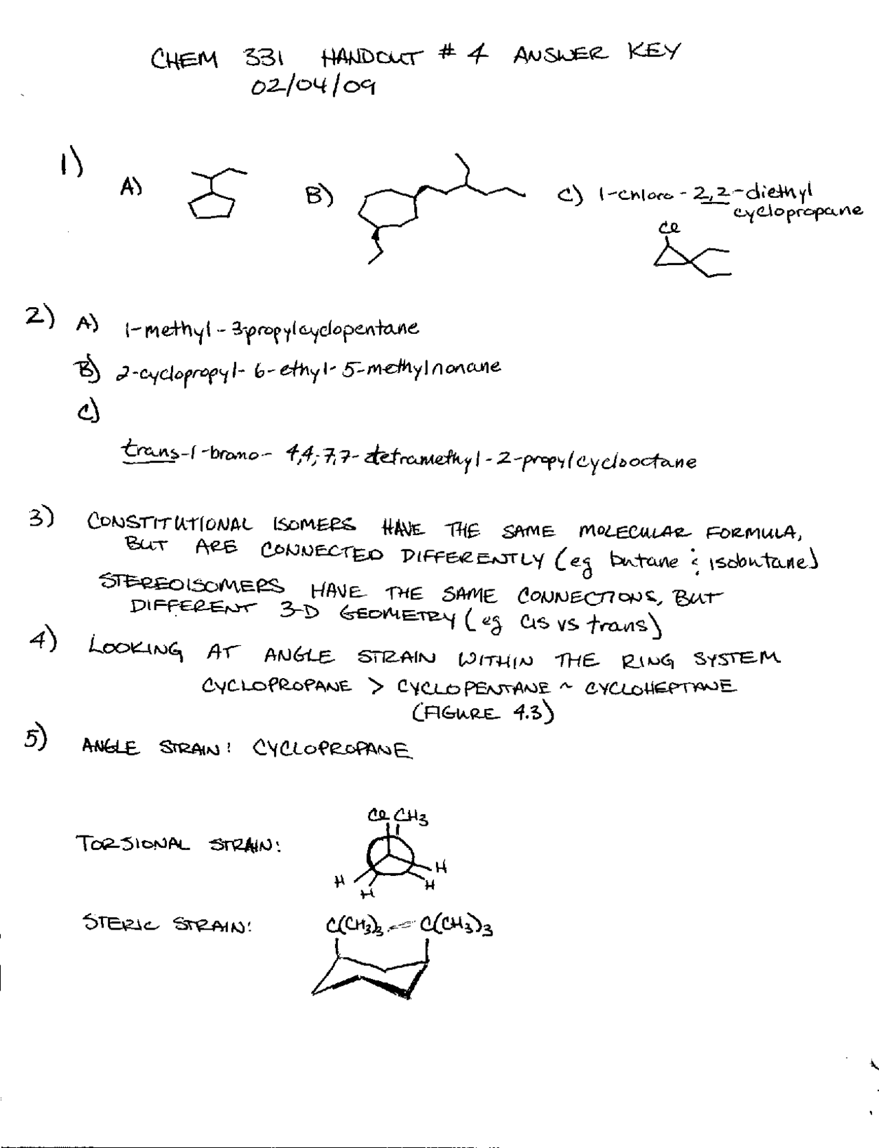 Handout 4 Answer Key For Organic Chemistry I CHEM 331 Assignments