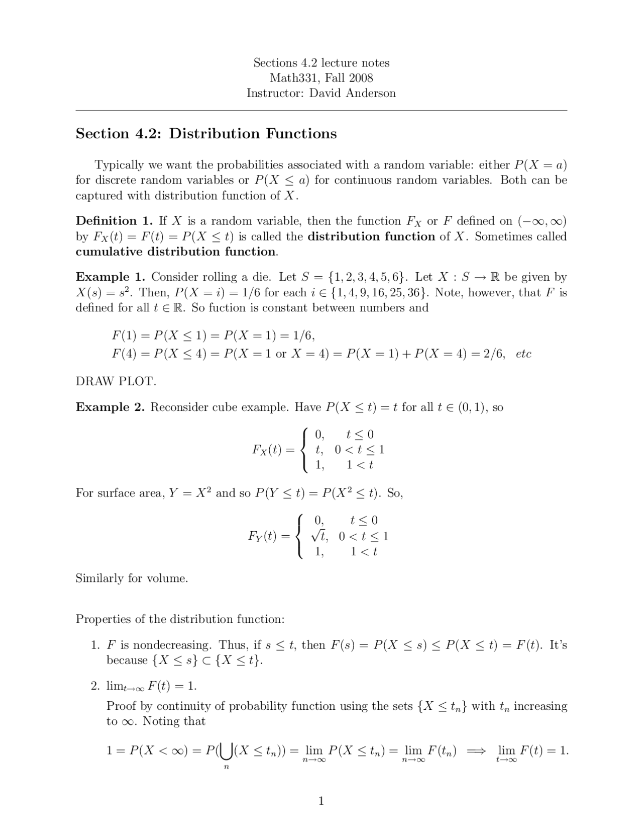Distribution Math Notes Section 4.2: Distribution Functions - Lecture Notes | MATH 331 - Docsity