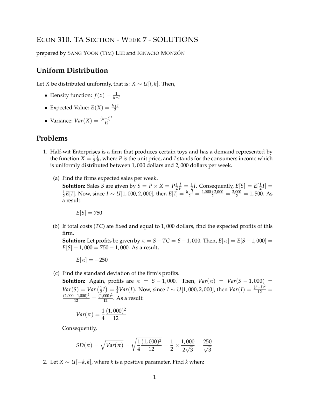 Uniform Distribution Worksheet.pdf Solved Problems on Uniform Distribution - Homework 7 | ECON 310 - Docsity