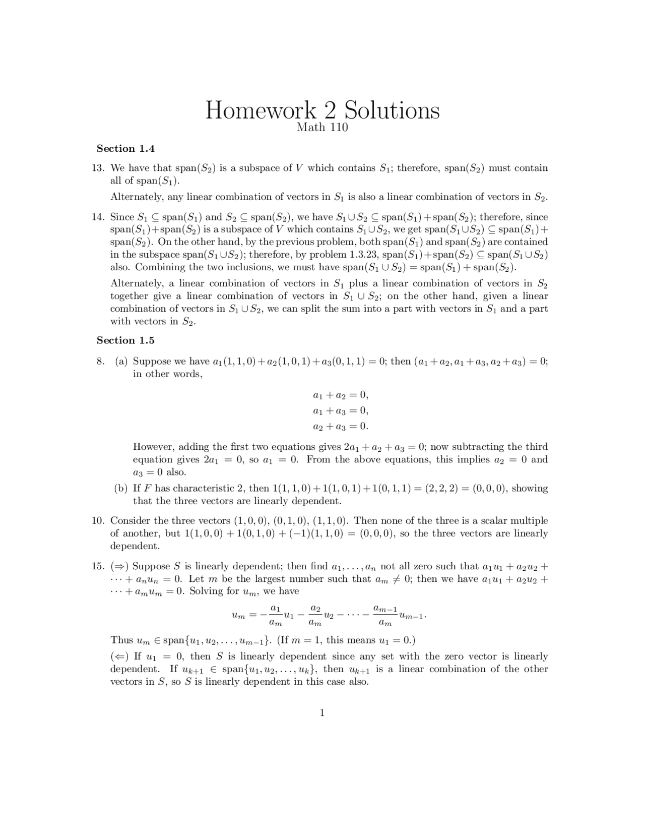 Linear Algebra - Homework 2 Solutions | MATH 110 - Docsity