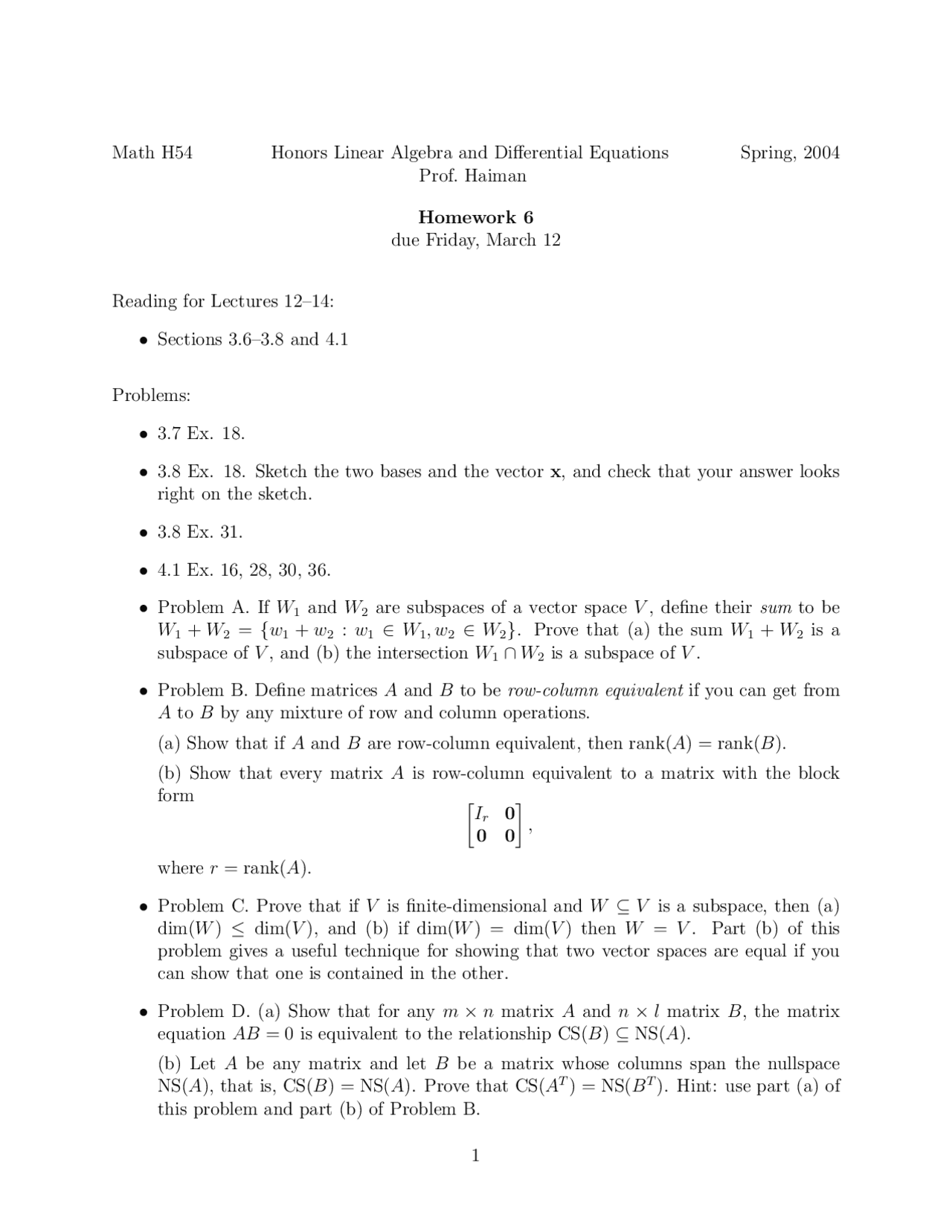 Homework 6 for Honor Linear Algebra and Differential Equations | MATH ...