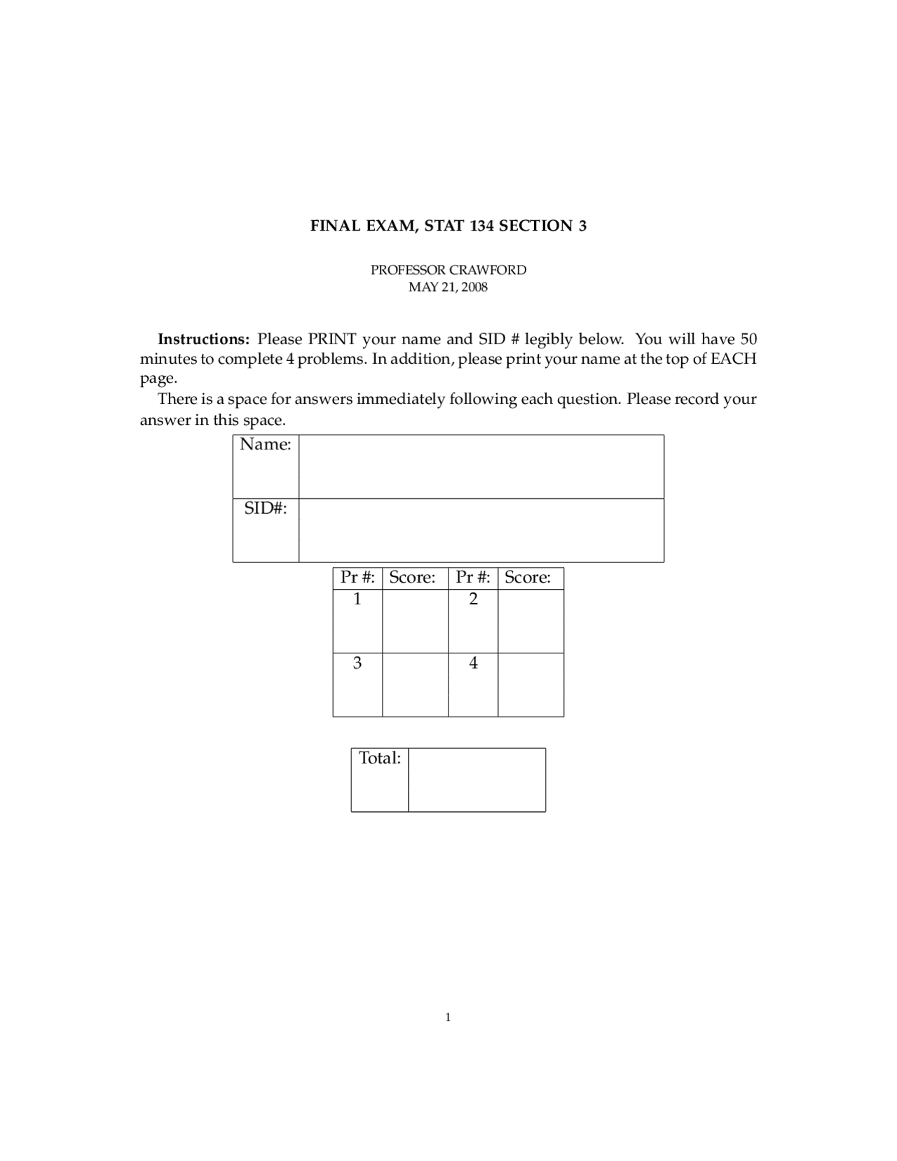 Practice Final Exam - Concepts of Probability | STAT 134 - Docsity