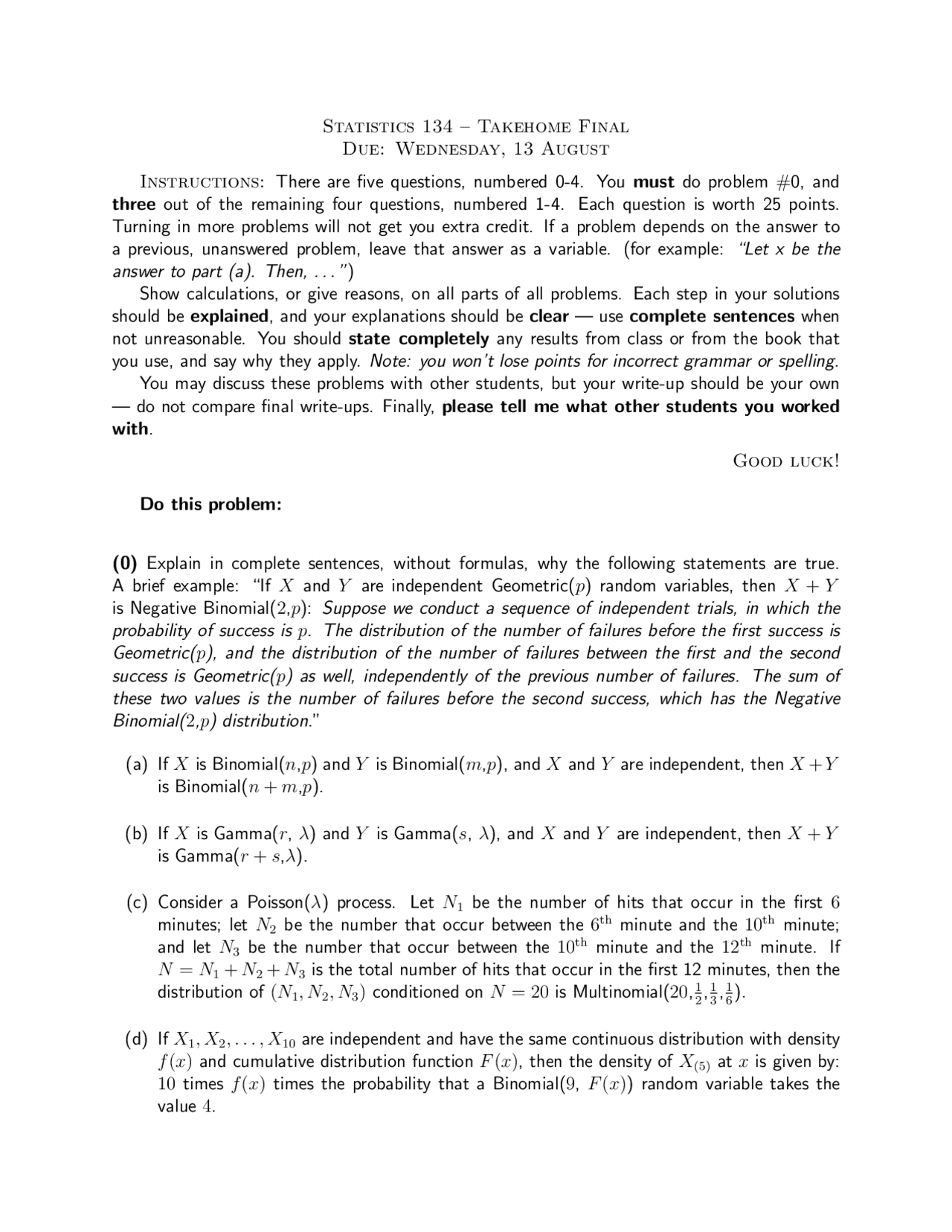 Take Home Final Exam - Concepts of Probability | STAT 134 - Docsity