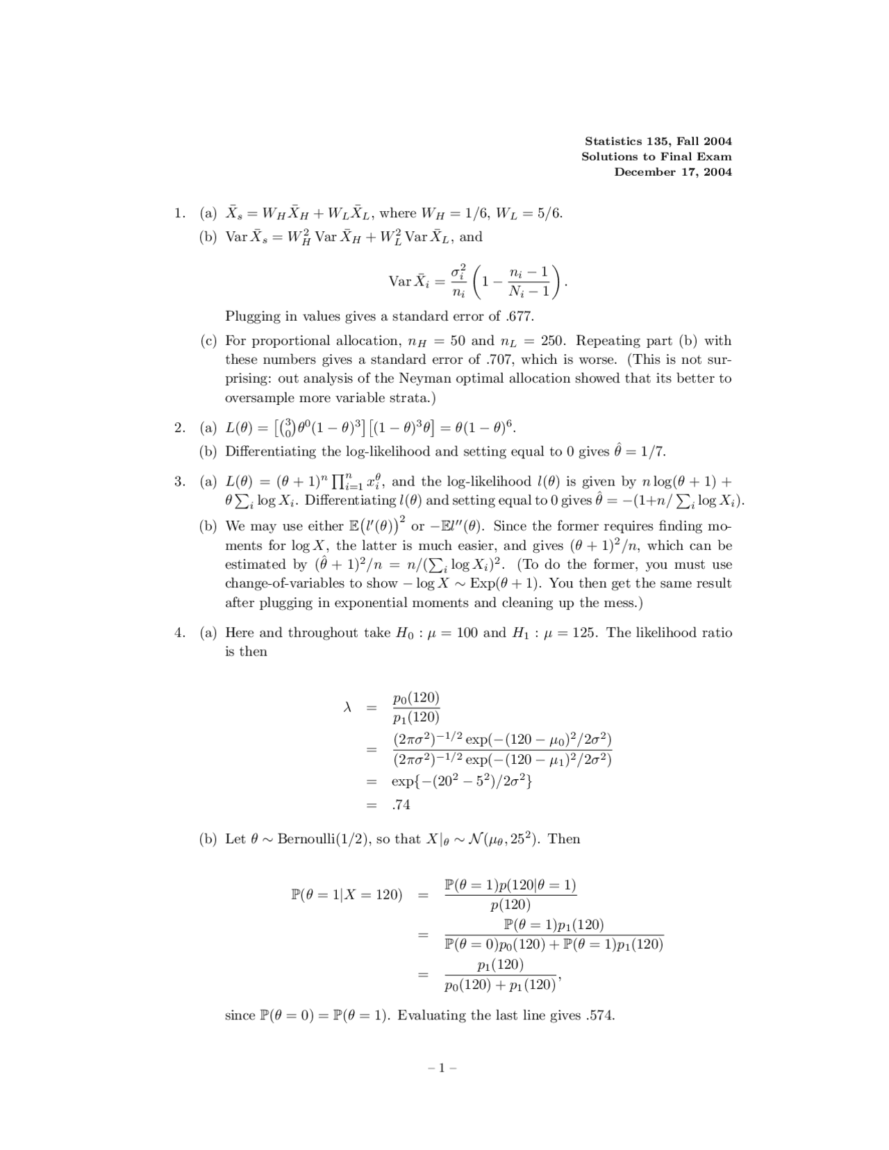 Final Exam with Solution for Concepts of Statistics | STAT 135 | Exams ...