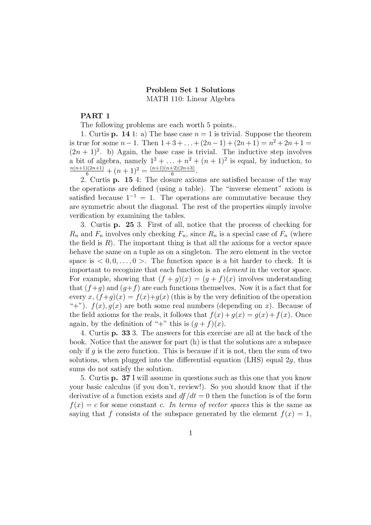 Solutions Problems Set 1 - Linear Algebra | MATH 110 - Docsity