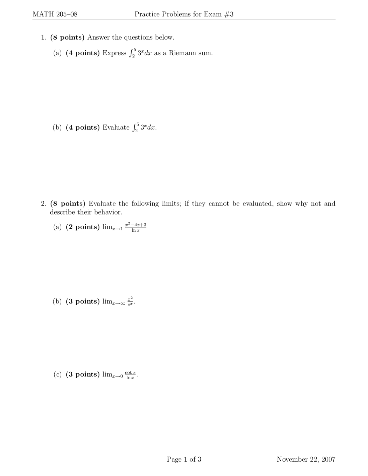 Practice Problems for Exam 1 - Honors: Calculus I | MATH 205 - Docsity