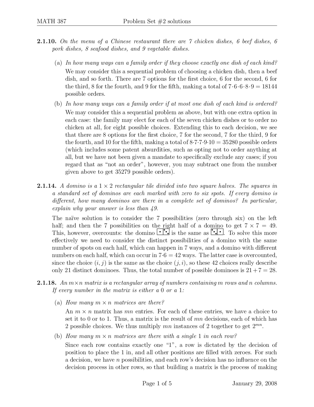Problem Set 2 Solutions - Discrete Mathematics | MATH 387 - Docsity