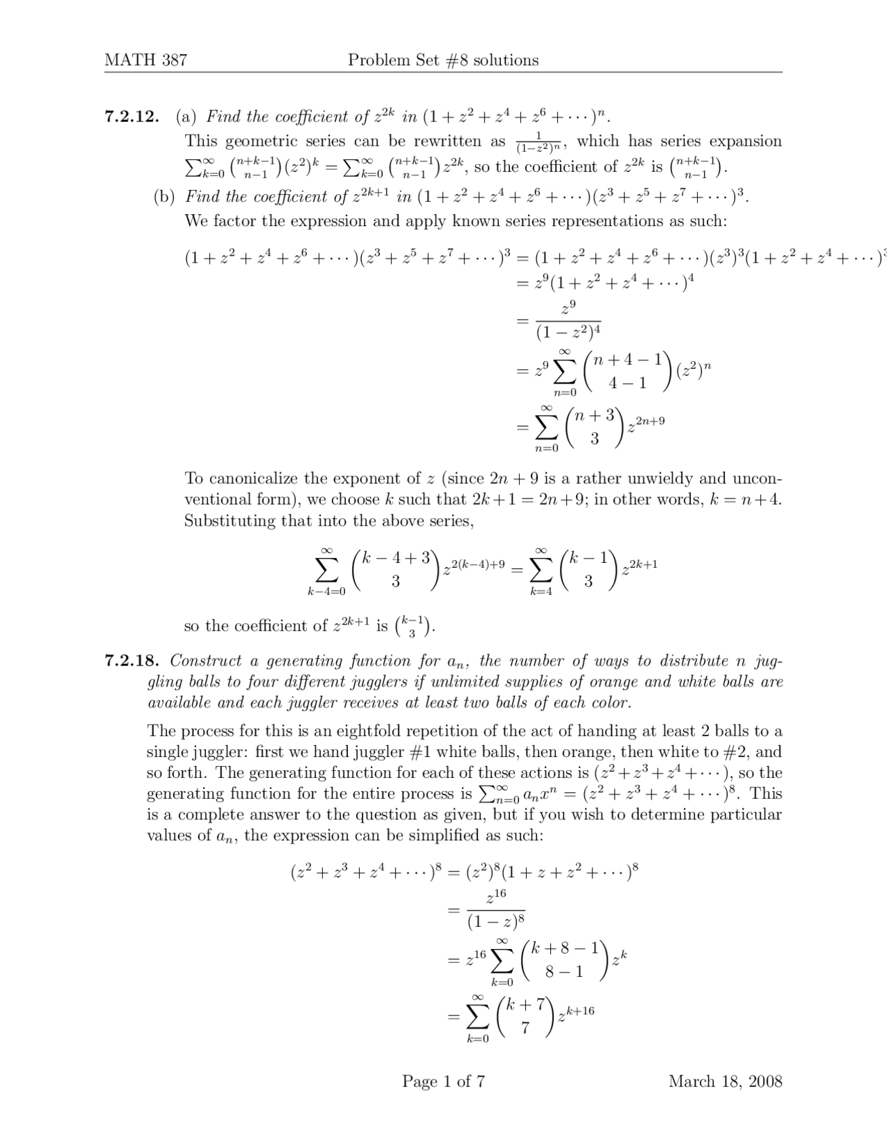 Resolution of Problem Set 8 - Discrete Mathematics | MATH 387 - Docsity