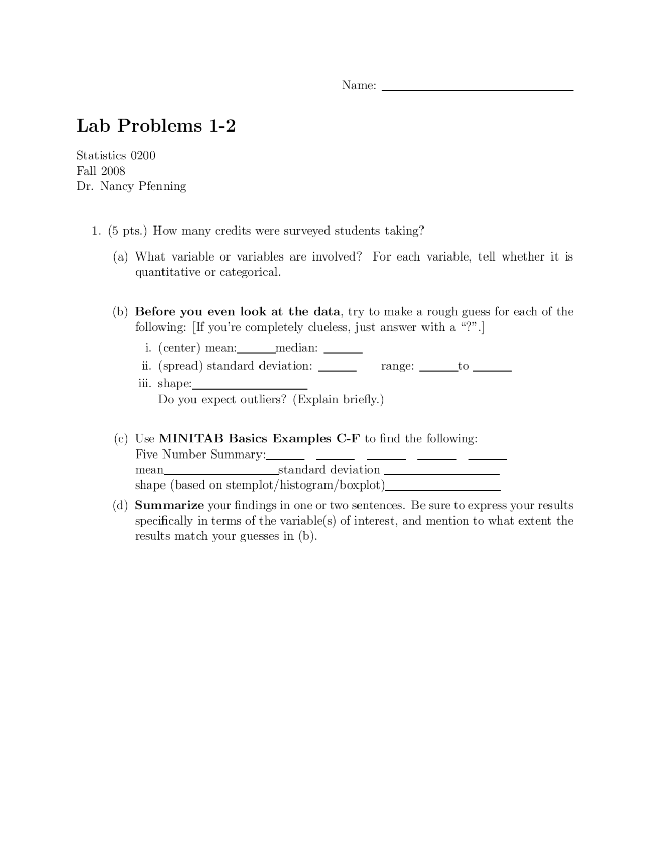 Basic Applied Statistics - Lab 1 Problems | STAT 0200 - Docsity