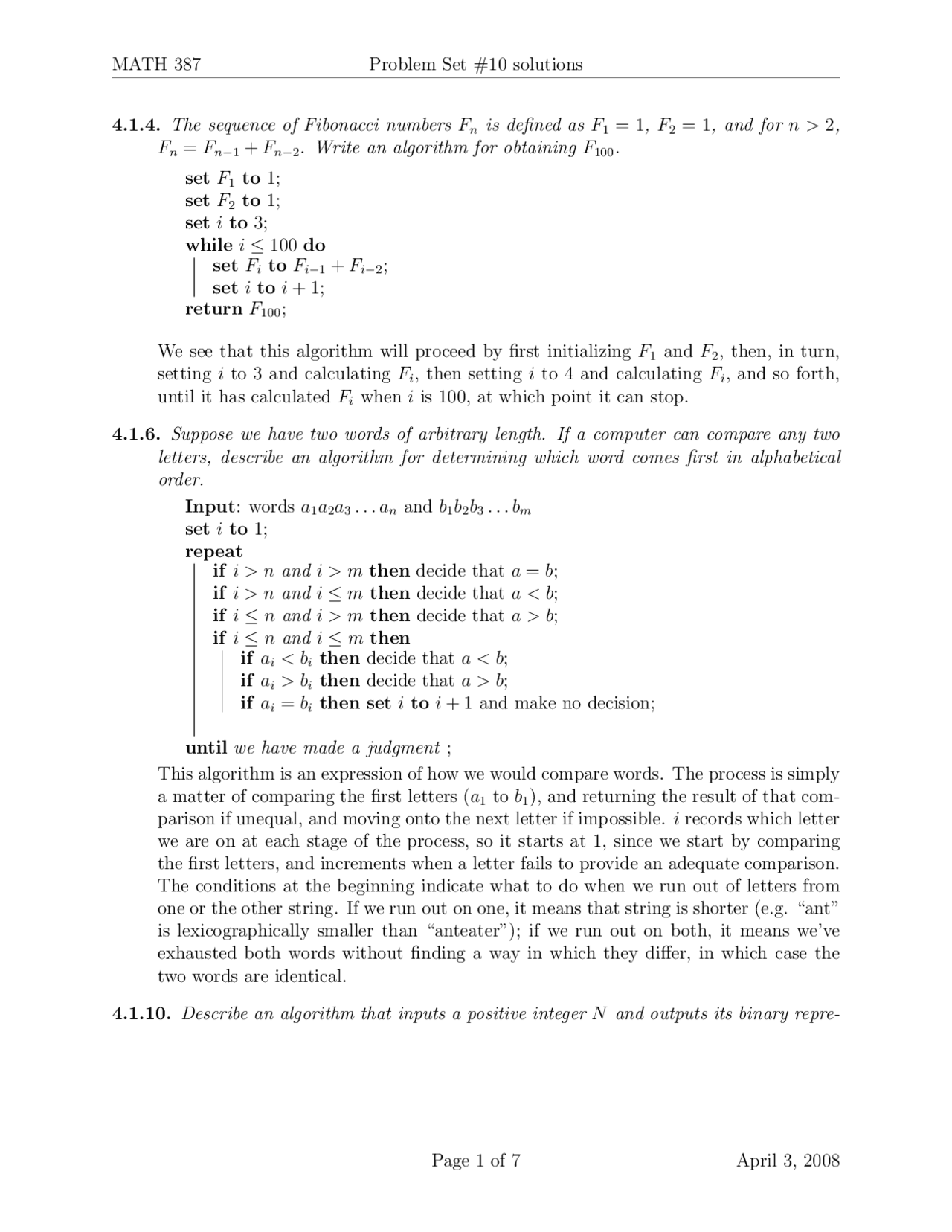 Discrete Mathematics - Problem Set 10 Solutions | MATH 387 - Docsity
