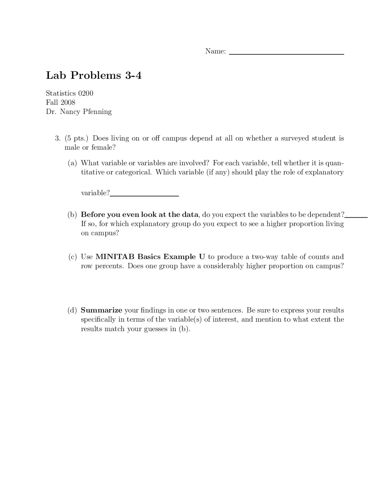 Laboratory 3 Problems - Basic Applied Statistics | STAT 0200 - Docsity