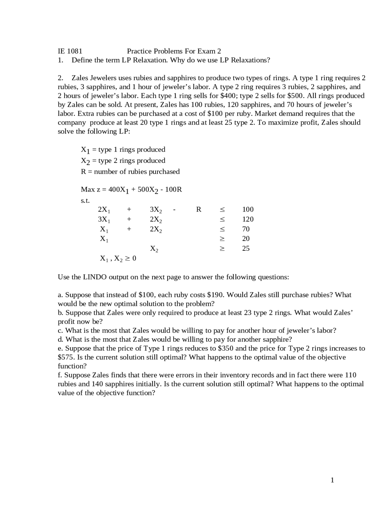 Practice Problems for Exam II - Operations Research | IE 1081 | Exams ...