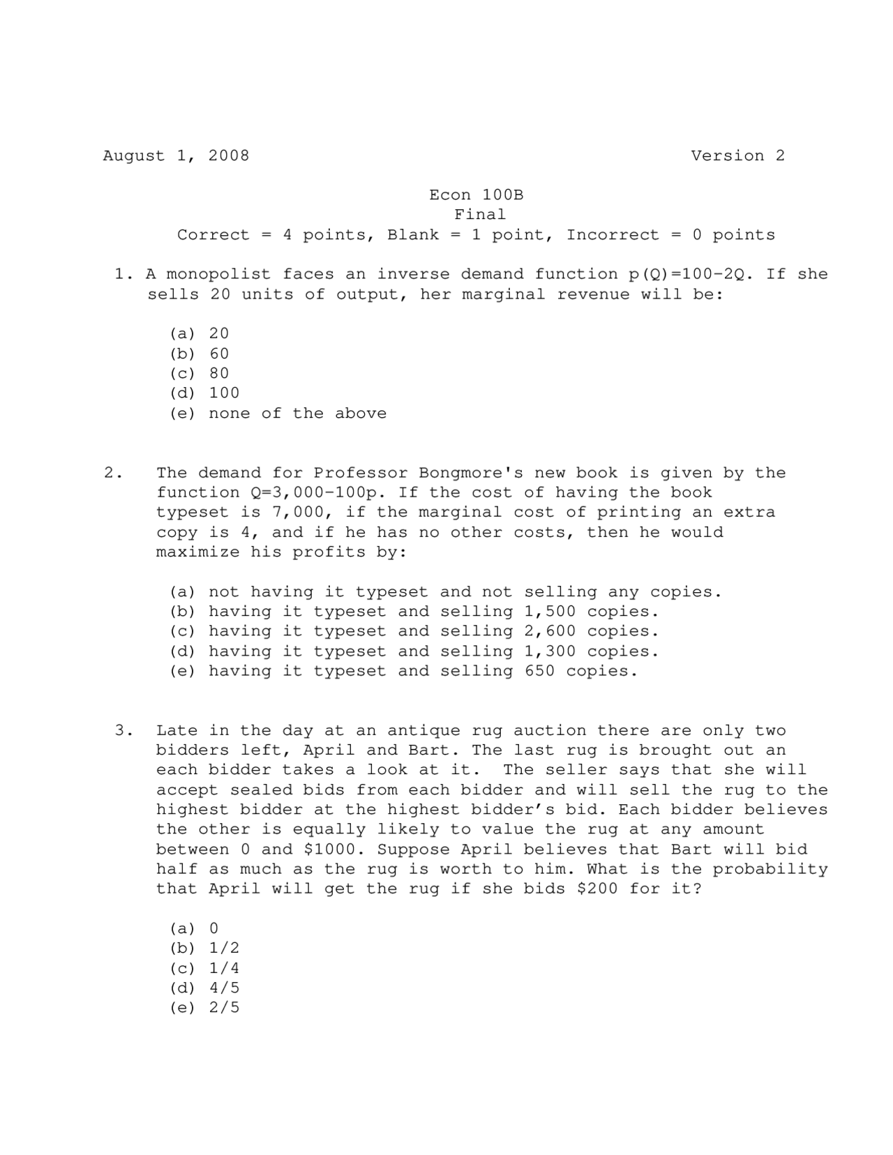 Final Exam, Version 2 for Methods Theory Physics | PHYS 100B - Docsity