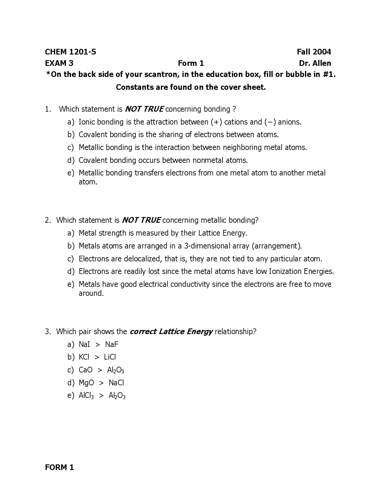 Exam 3 for the General Chemistry I | CHEM 1201 - Docsity