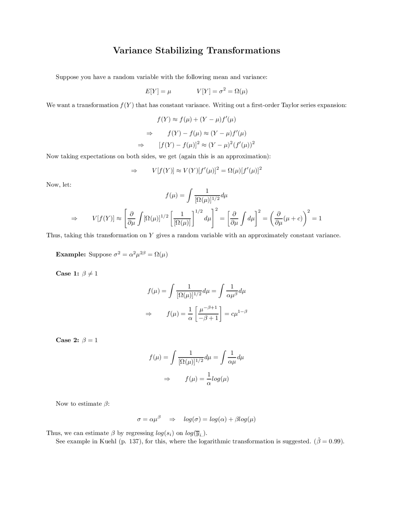 Lecture Notes on Variance Stabilizing Transformations | STA 6207 - Docsity