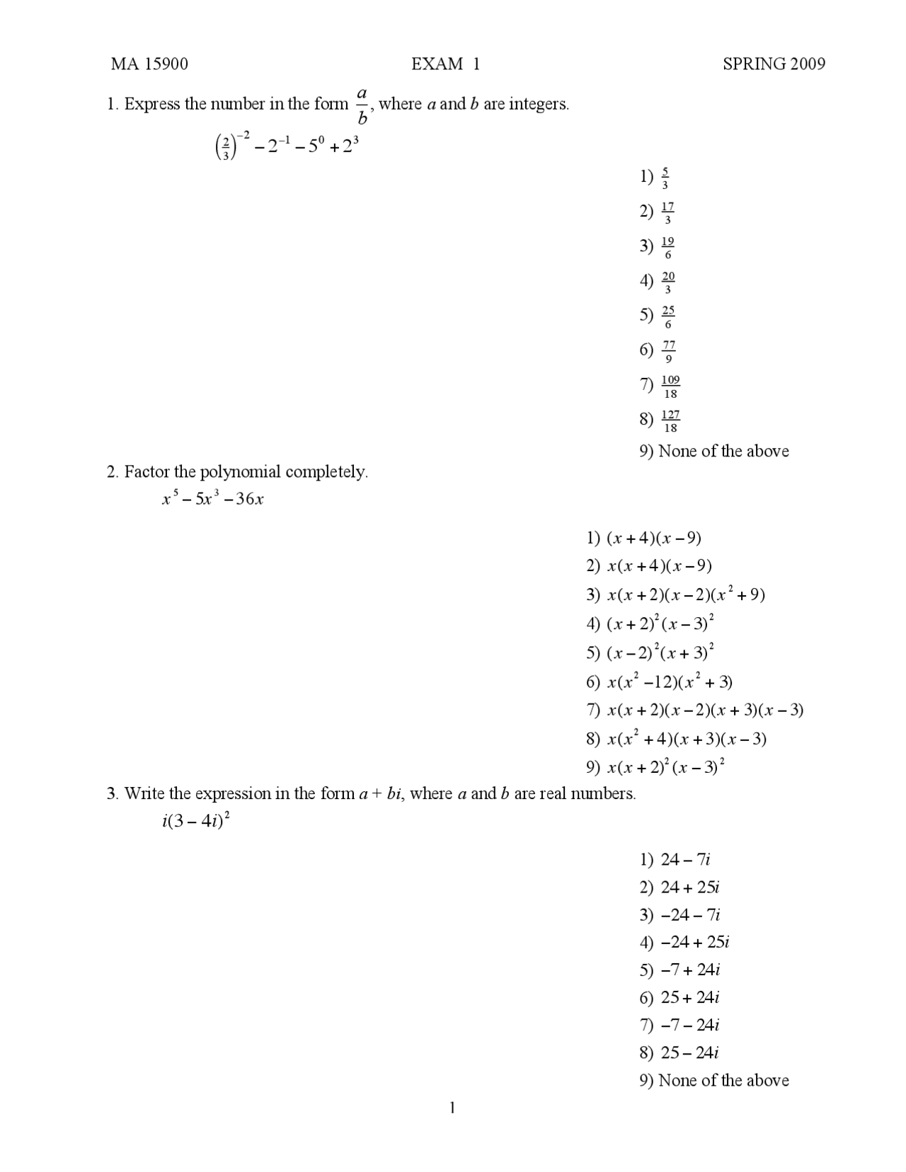 Math Problems Exam MA Exam 1, Spring 2009: Mathematics Problems | Exams Pre-Calculus | Docsity