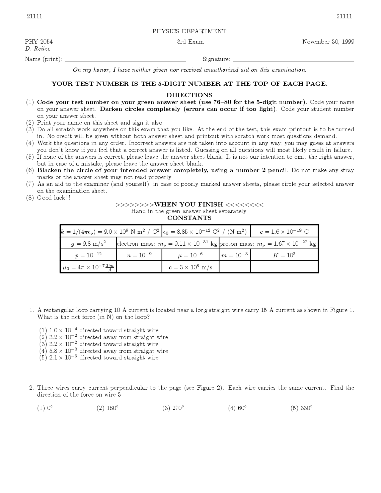 Exam #3 Questions - Physics - Fall 1999 | PHY 2054 - Docsity