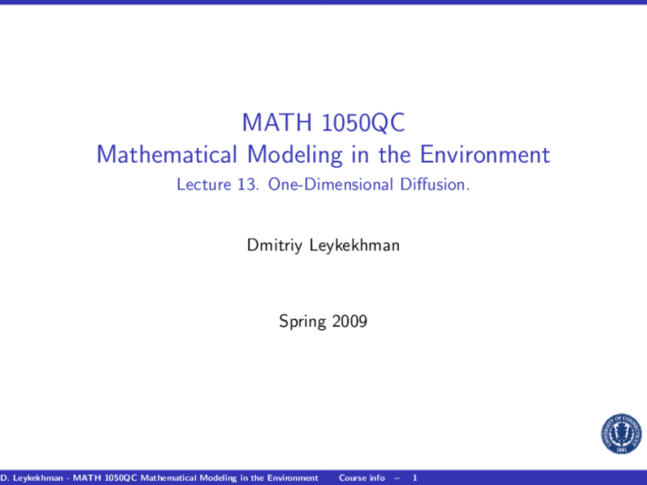 Lecture Notes on One Dimensional Diffusion | MATH 1050 - Docsity
