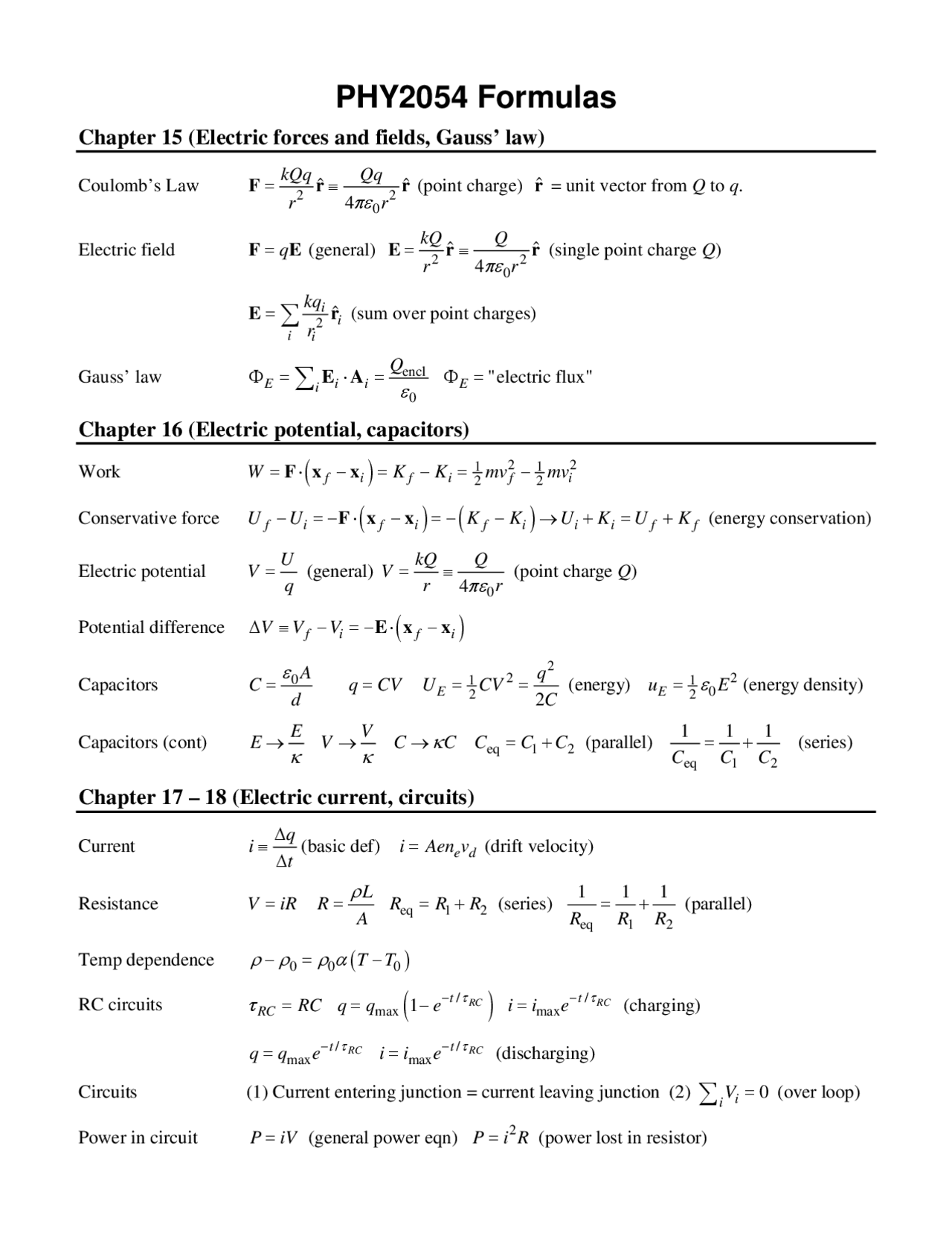 Formulary for Physics 2 Chapter 15-20 | PHY 2054 | Study notes Physics ...