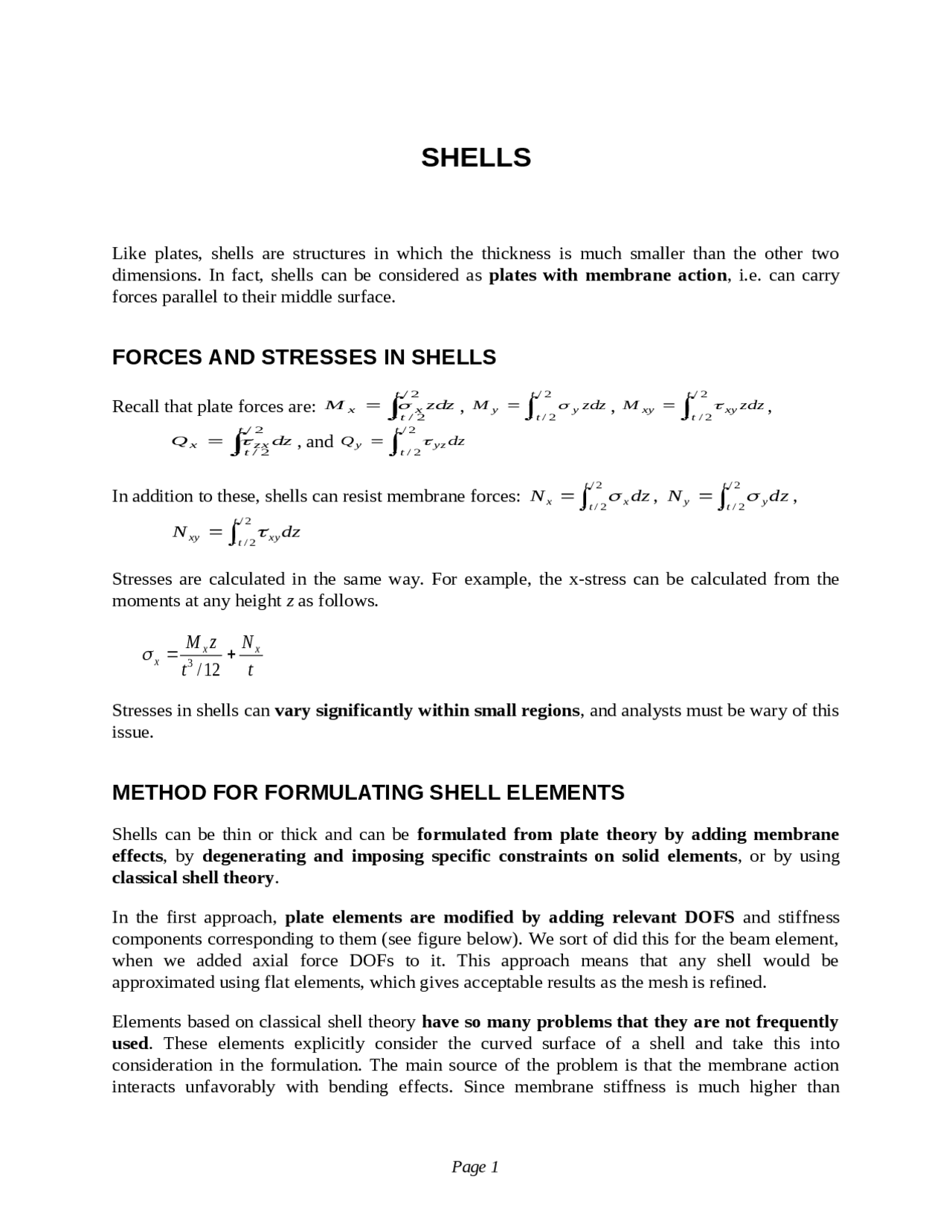 Shells: Forces and Stresses in Shells | CEE 510 - Docsity