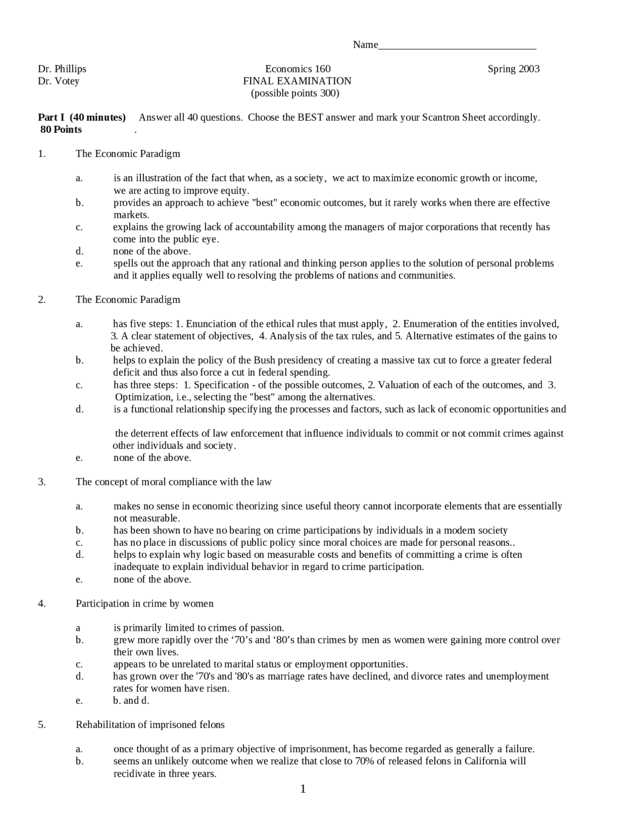 Problems on Economics Paradigms - Final Exam | ECON 160 - Docsity