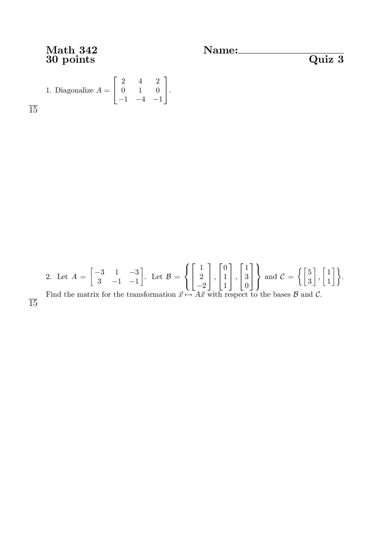 Find Matrix for Transformation - Quiz 3 | MATH 342 - Docsity