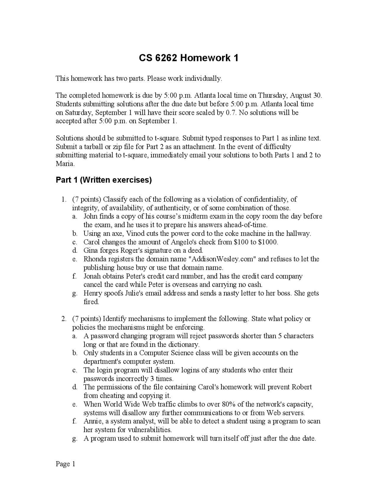 Assignment for Network Security | CS 6262 - Docsity