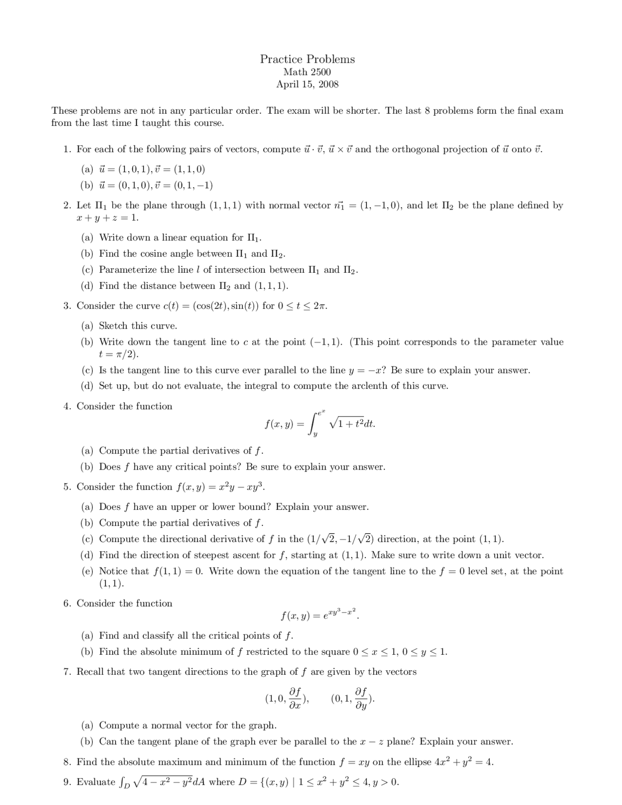 Practice Problems - Multivariable Calculus - 2008 | MATH 2500 - Docsity