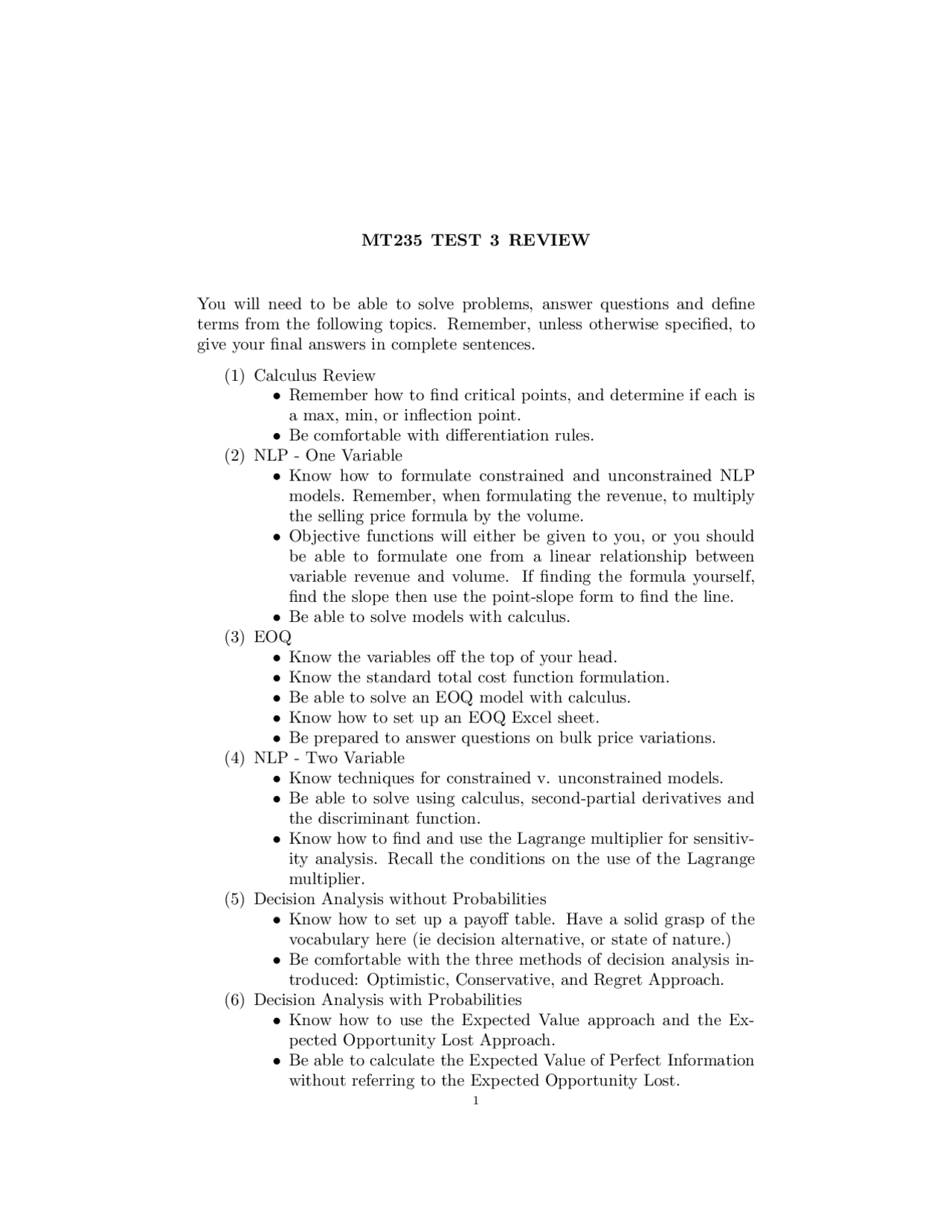 Test 3 Review Sheet - Mathematics for Management Science | MT 235 - Docsity