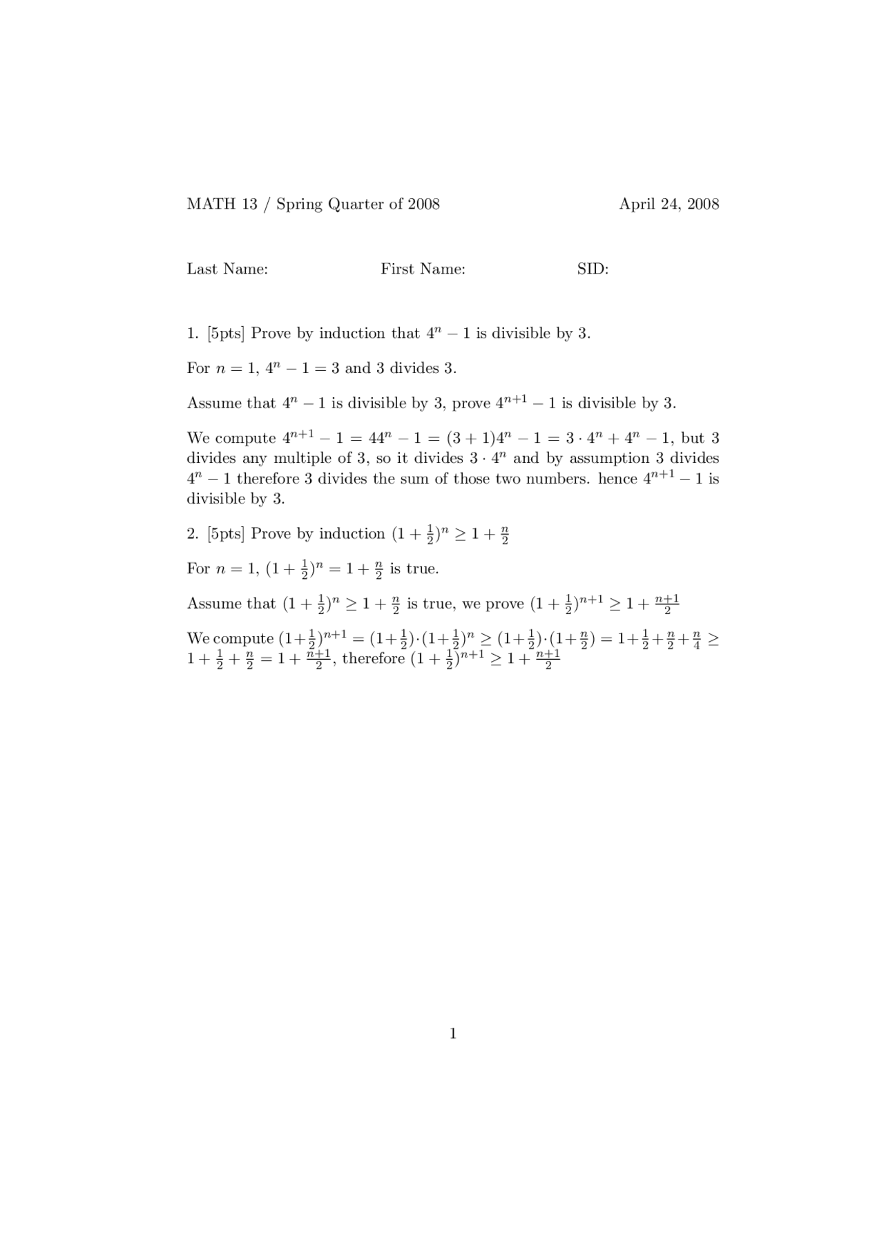 Math Induction Proofs - Spring Quarter 2008 | Assignments Abstract ...
