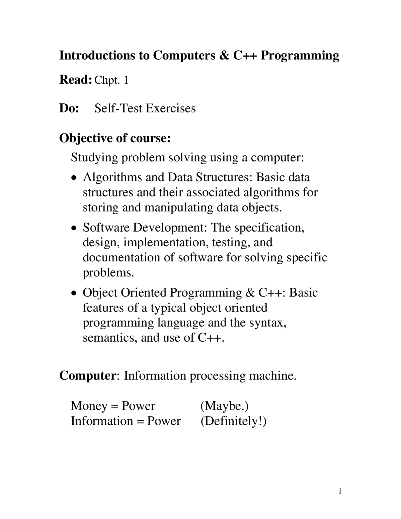 Introduction to Computers and C++ Programming - Slides | EECS 168 - Docsity
