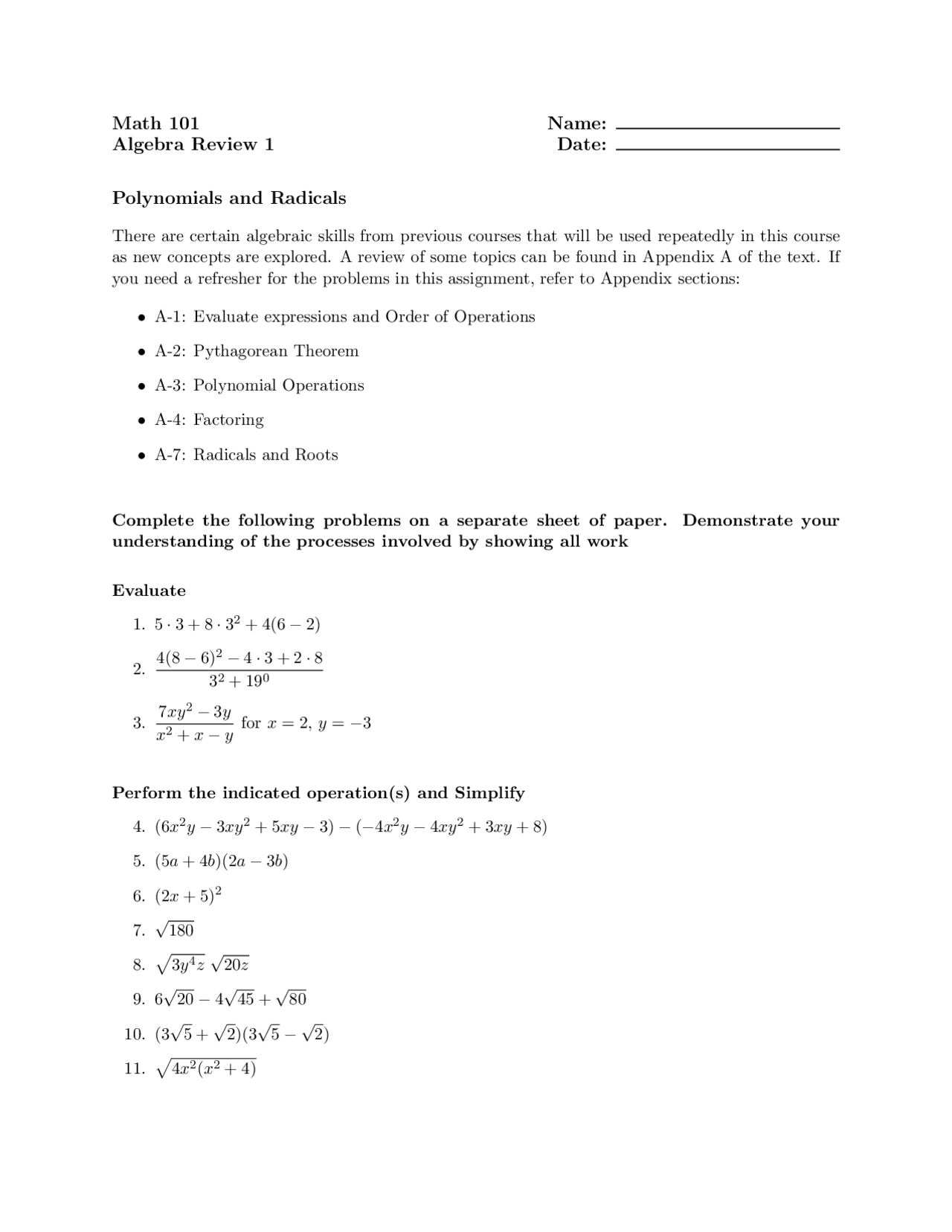 Problems Review Sheet - Algebra | MATH 101 - Docsity