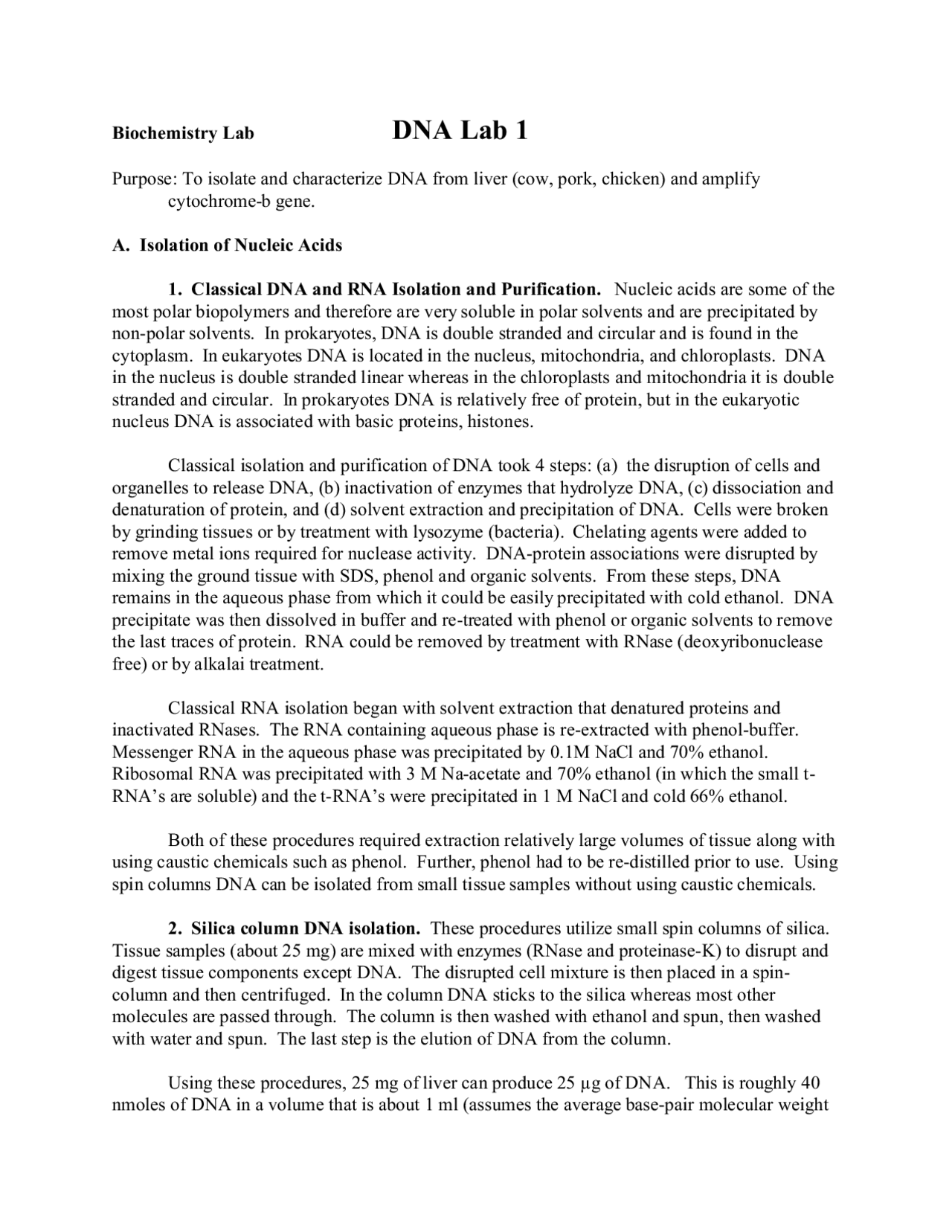 DNA - Lab 1 | General Biochemistry | BCH 3033 - Docsity