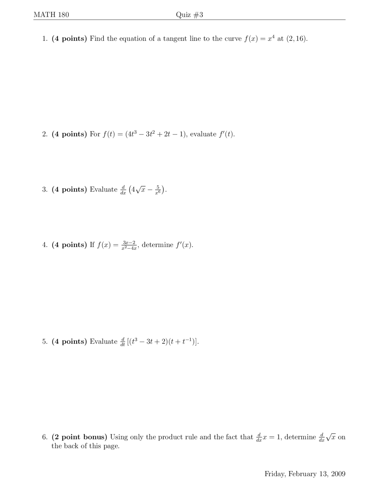 6 Questions on Elements of Calculus - Quiz 3 | MATH 180 | Docsity