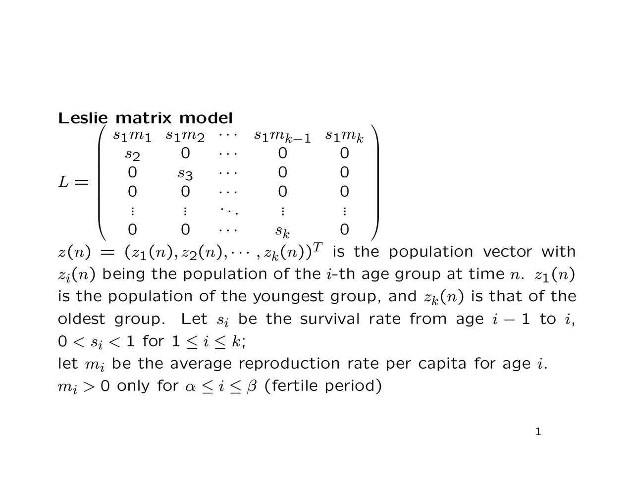 Leslie Model - Intro to Mathematical Biology - Lecture Notes | MATH 345 ...
